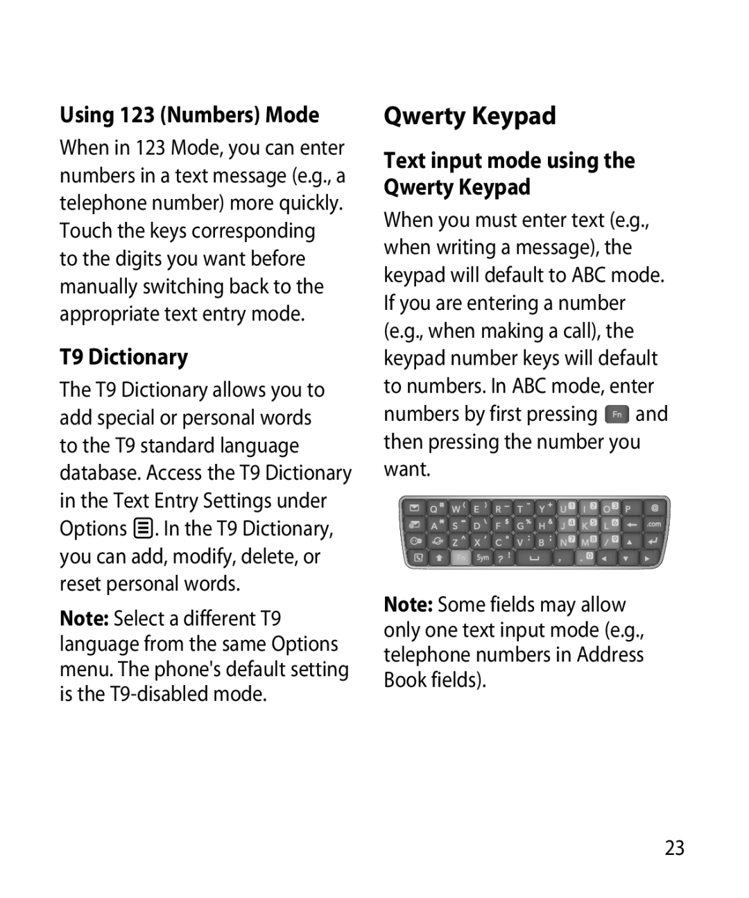 LG Electronics GR501 manual Using 123 Numbers Mode, T9 Dictionary, Text input mode using the Qwerty Keypad 