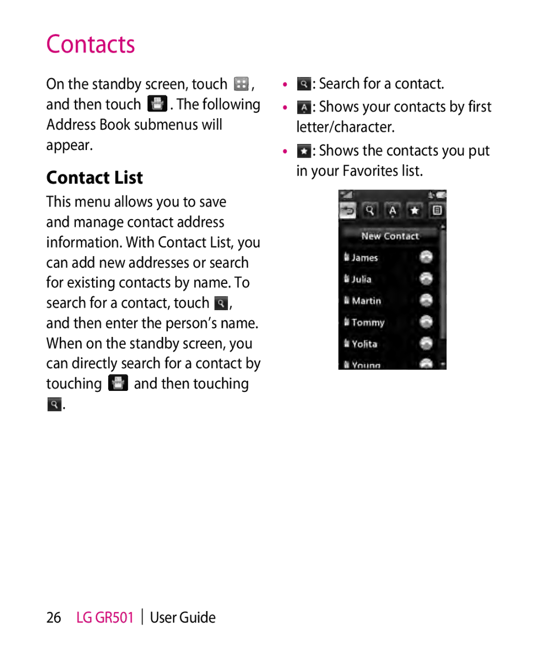 LG Electronics GR501 manual Contacts, Contact List 