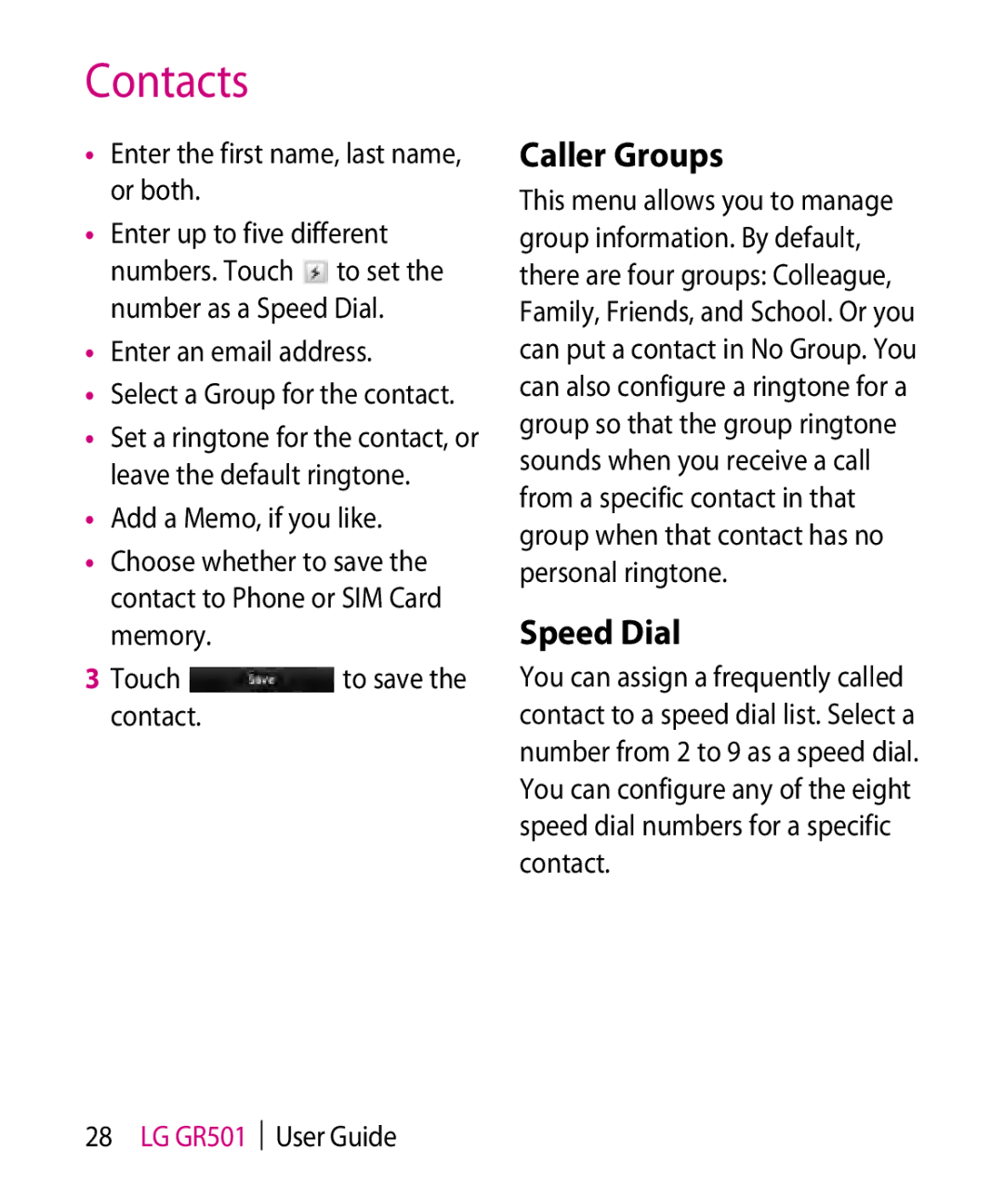 LG Electronics GR501 manual Caller Groups, Speed Dial, Enter an email address Select a Group for the contact 
