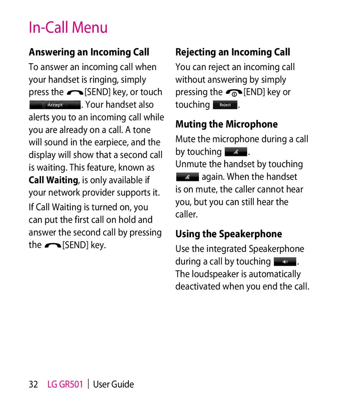 LG Electronics GR501 Answering an Incoming Call, Rejecting an Incoming Call, Muting the Microphone, Using the Speakerphone 