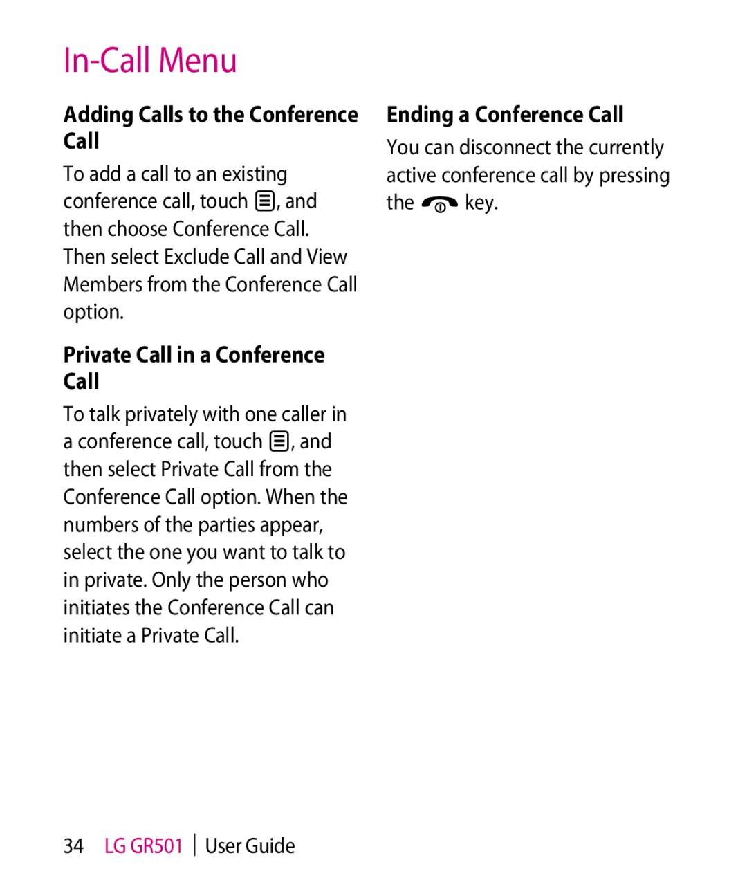 LG Electronics GR501 Adding Calls to the Conference Call, Private Call in a Conference Call, Ending a Conference Call 