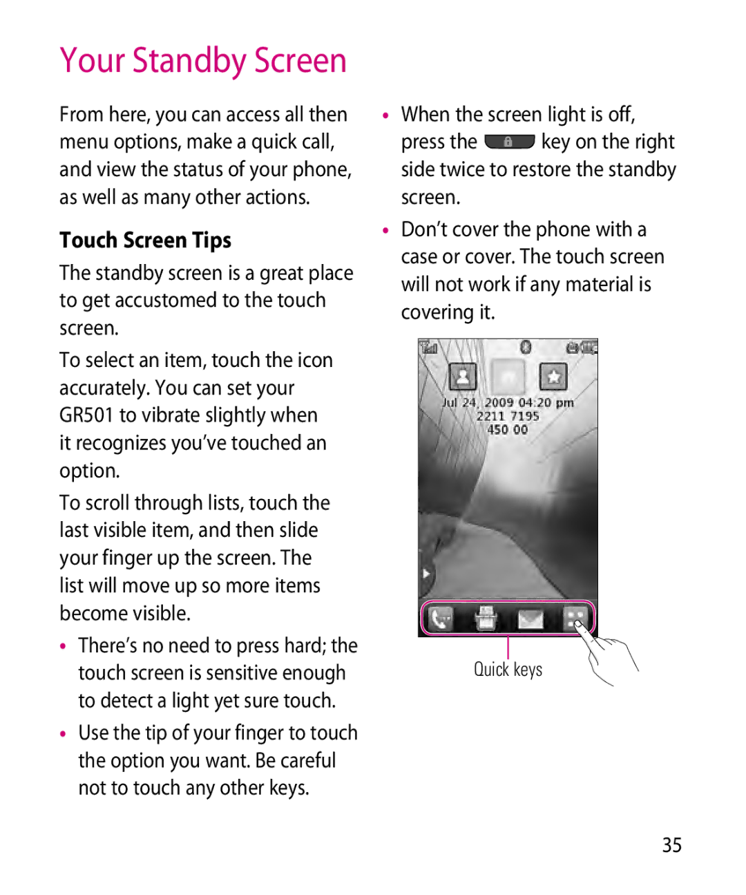 LG Electronics GR501 manual Your Standby Screen, Touch Screen Tips 