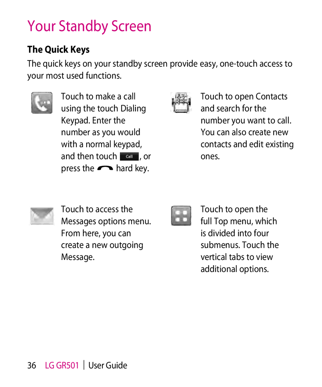 LG Electronics GR501 manual Your Standby Screen, Quick Keys 