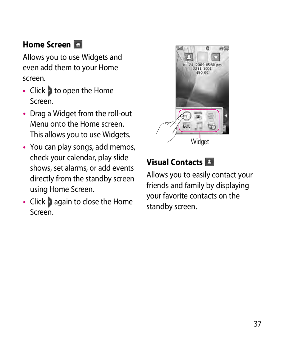 LG Electronics GR501 manual Visual Contacts, Click again to close the Home Screen 