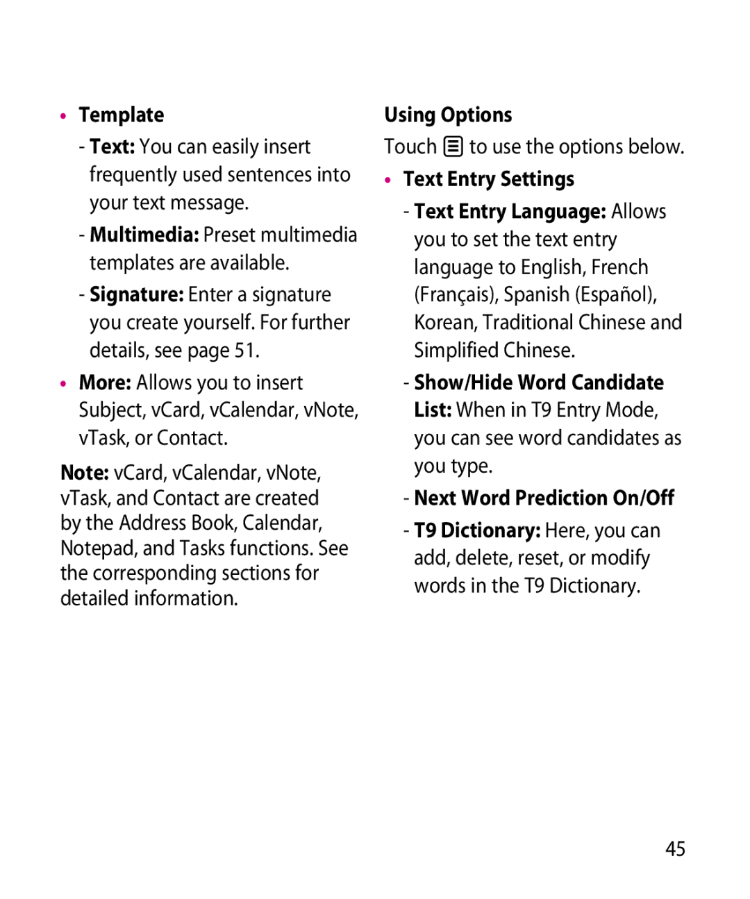 LG Electronics GR501 manual Template, Using Options, Touch to use the options below, Text Entry Settings 