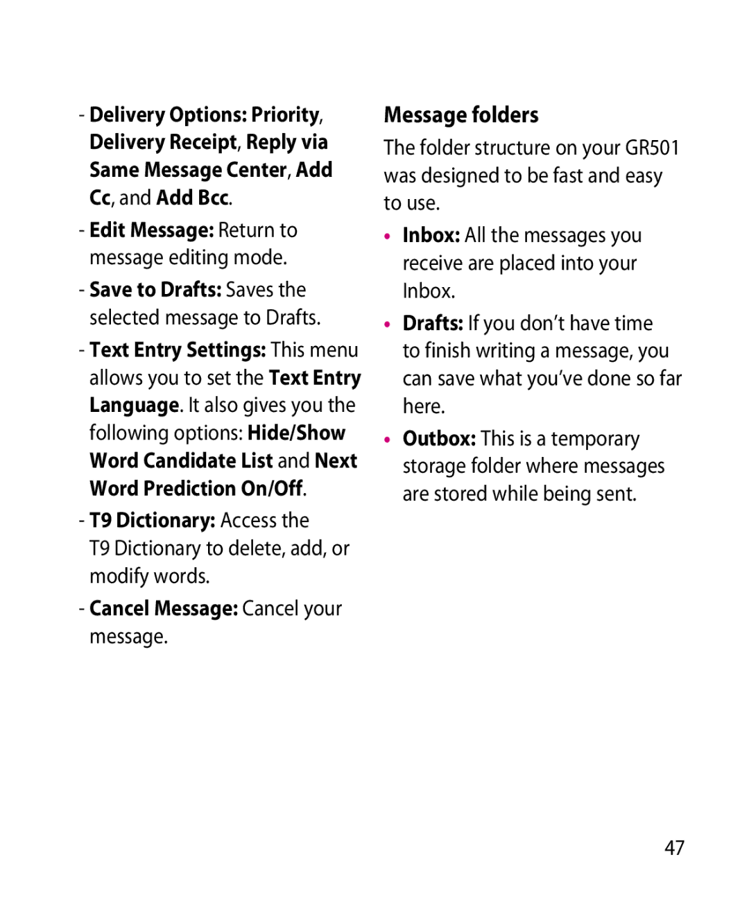 LG Electronics GR501 manual Message folders, T9 Dictionary Access, T9 Dictionary to delete, add, or modify words 