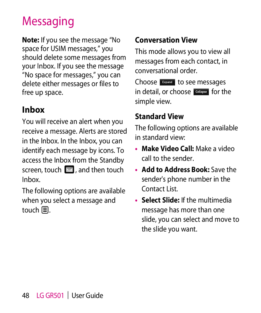 LG Electronics GR501 manual Inbox, Conversation View, Standard View, Following options are available in standard view 