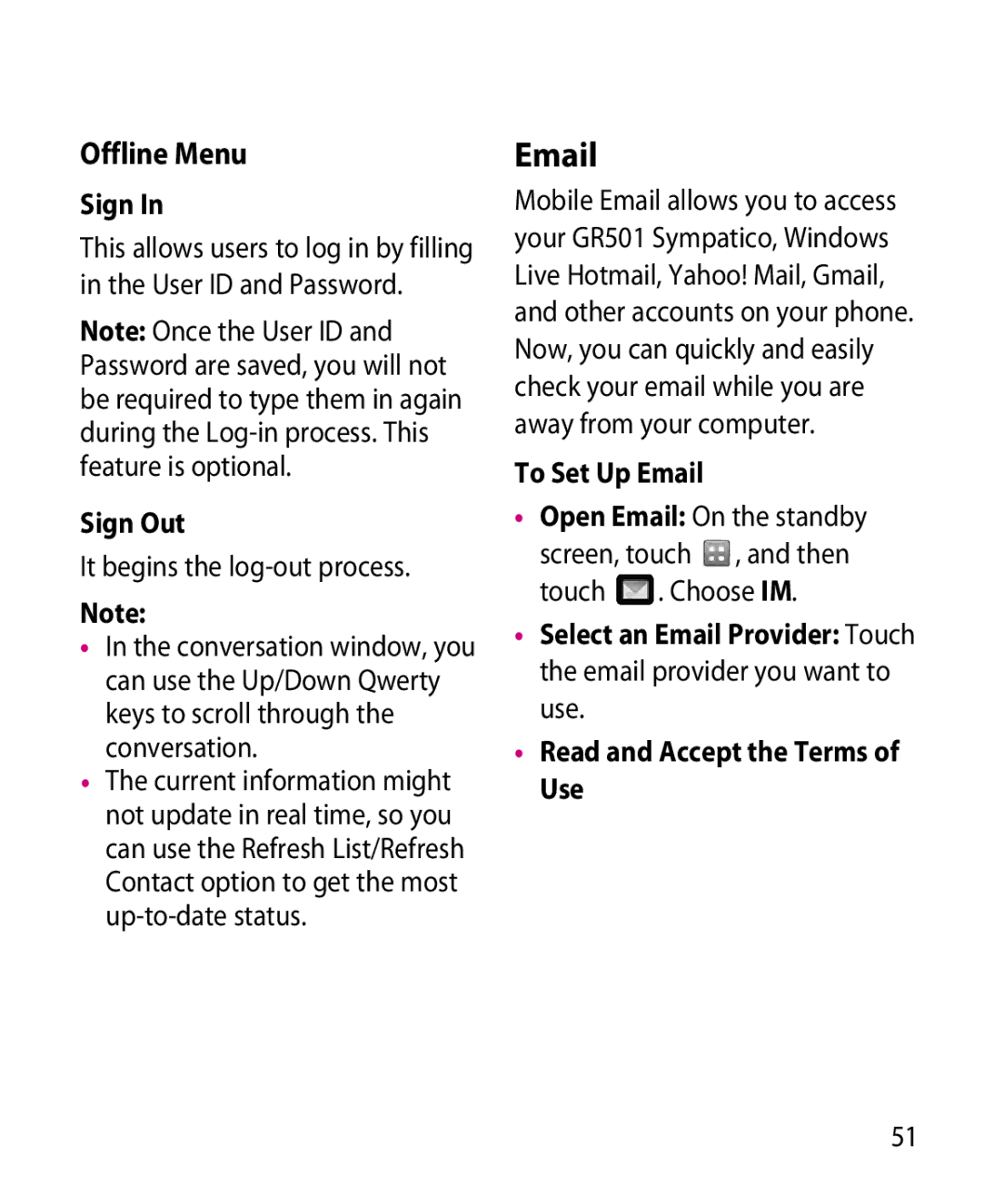 LG Electronics GR501 manual Offline Menu, Sign Out, To Set Up Email, Open Email On the standby 