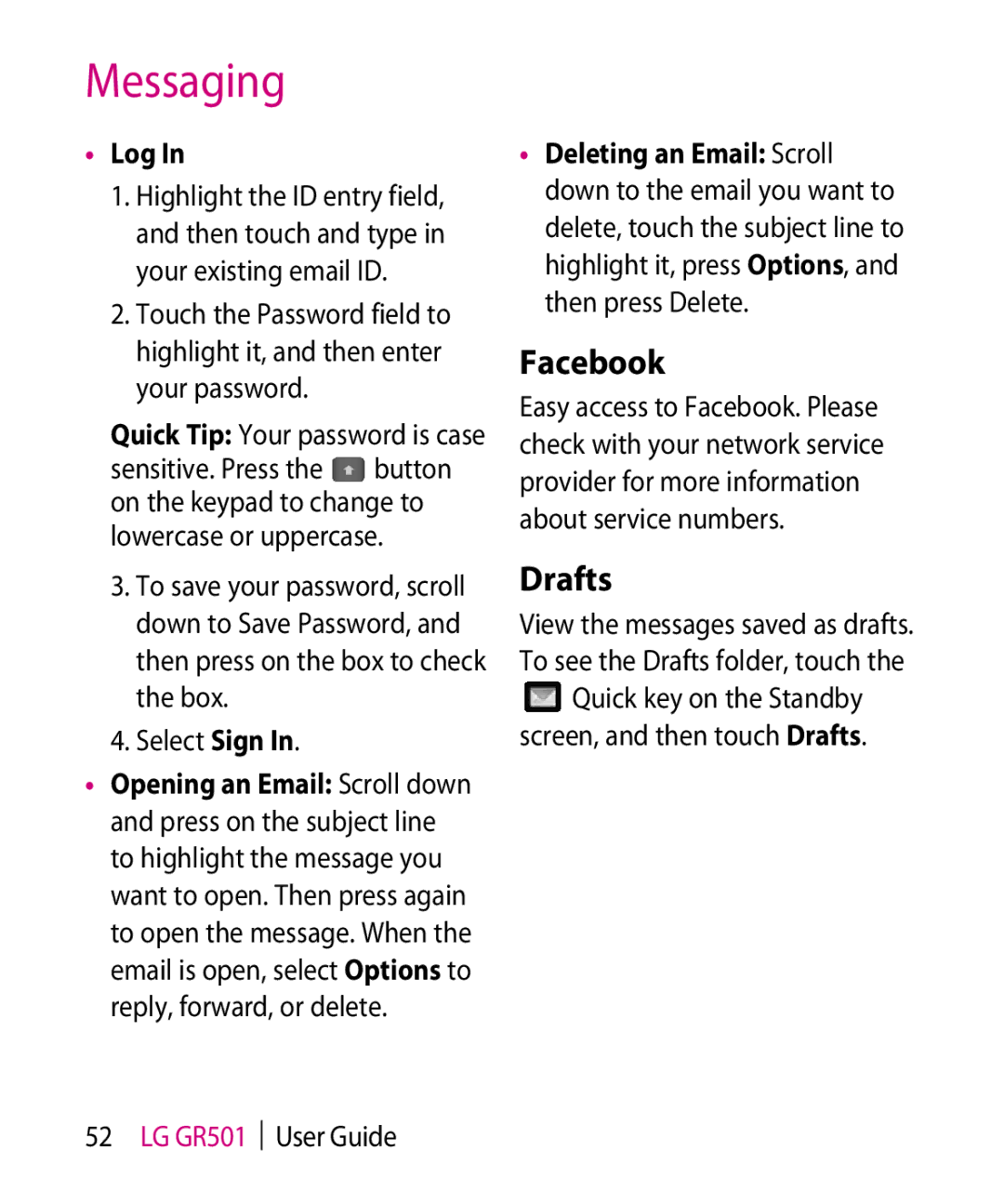 LG Electronics GR501 manual Facebook, Drafts, Log, Select Sign 