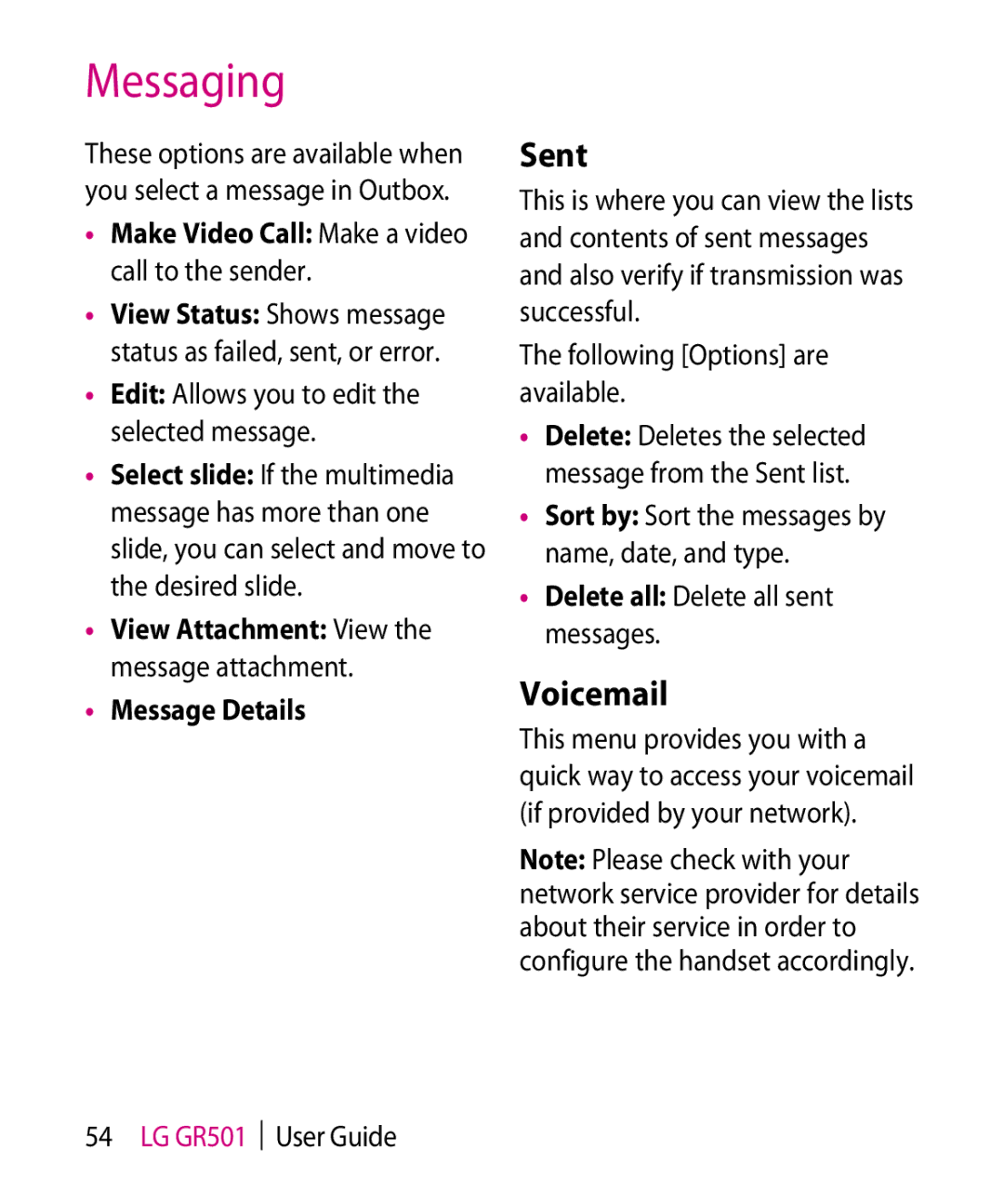 LG Electronics GR501 manual Sent, Voicemail, Make Video Call Make a video call to the sender, Message Details 