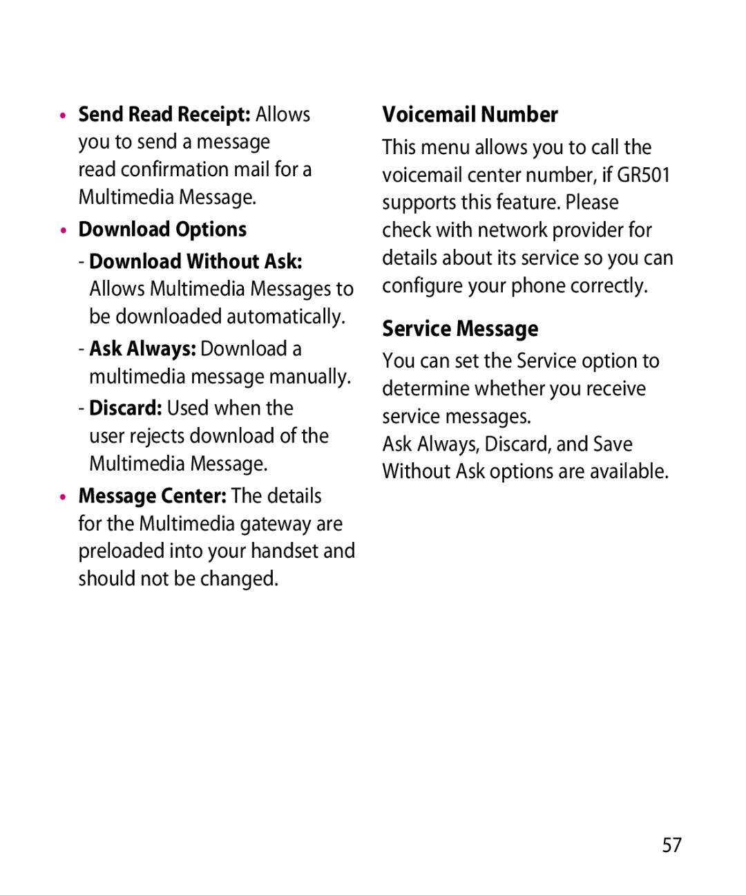 LG Electronics GR501 manual Voicemail Number, Service Message, Download Options 