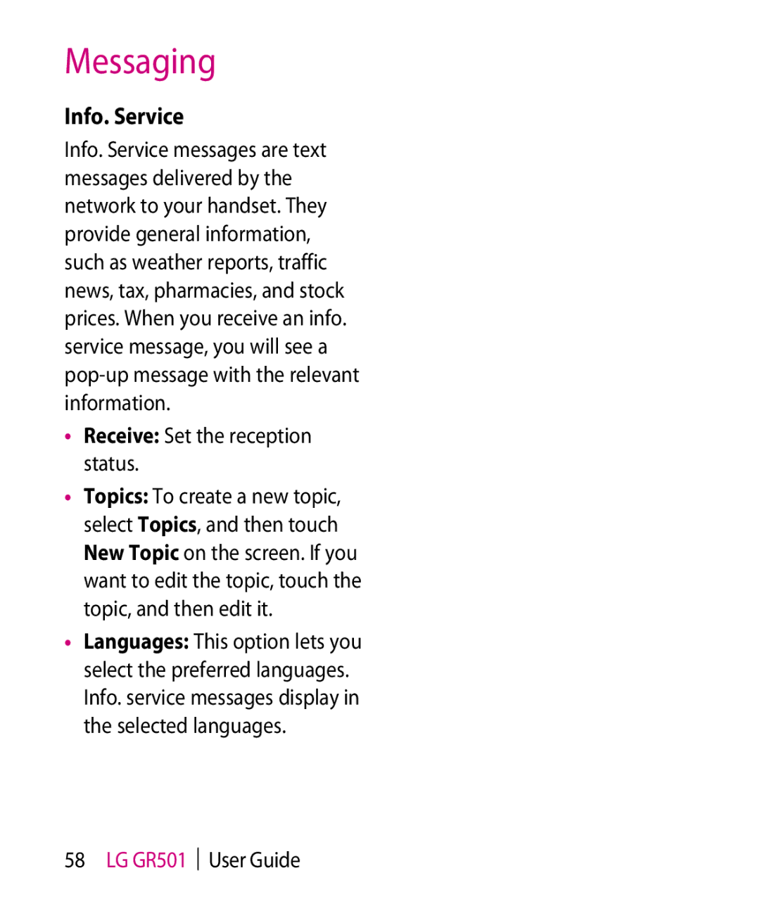 LG Electronics GR501 manual Info. Service, Receive Set the reception status 