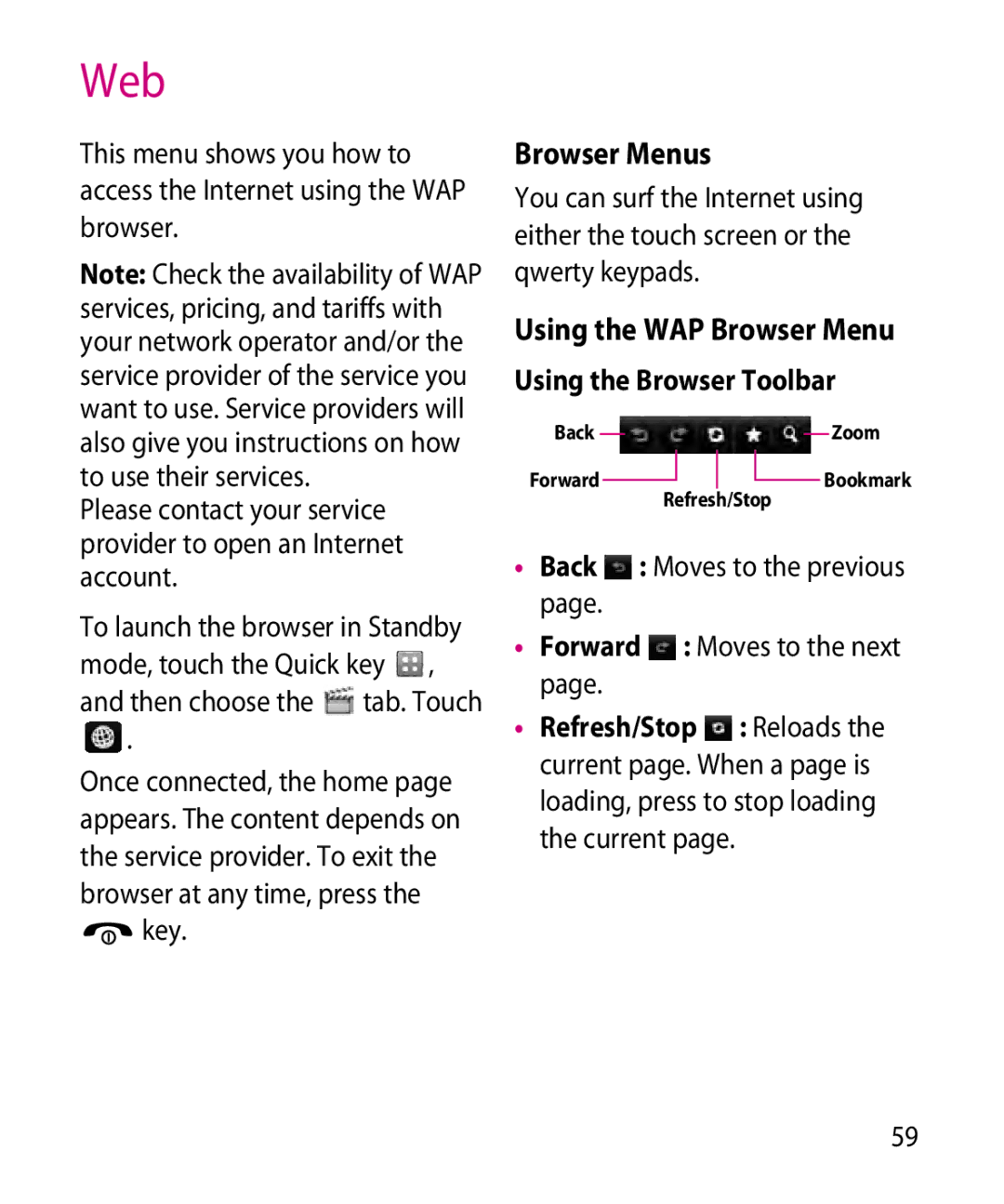 LG Electronics GR501 manual Web, Browser Menus, Using the WAP Browser Menu, Using the Browser Toolbar 