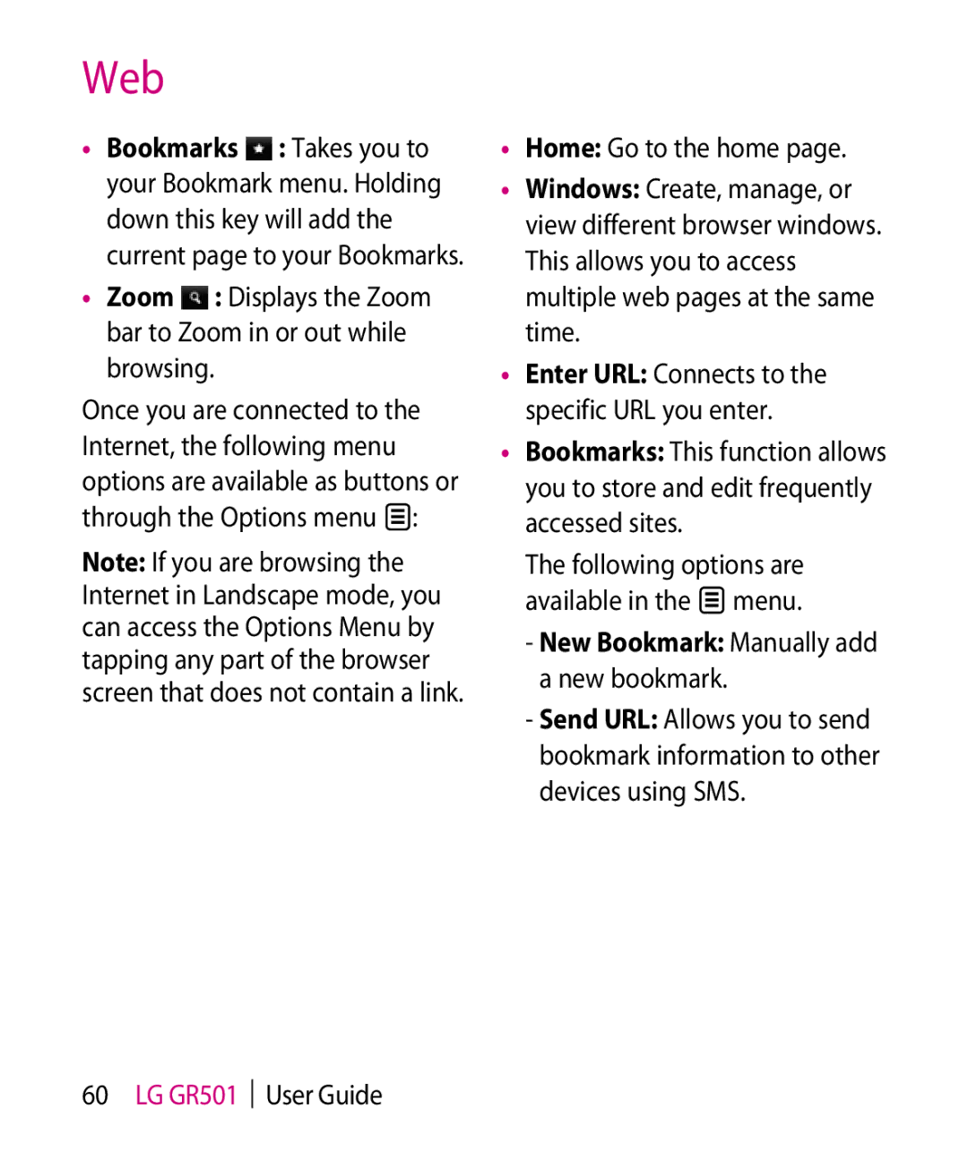 LG Electronics GR501 Zoom Displays the Zoom bar to Zoom in or out while browsing, New Bookmark Manually add a new bookmark 