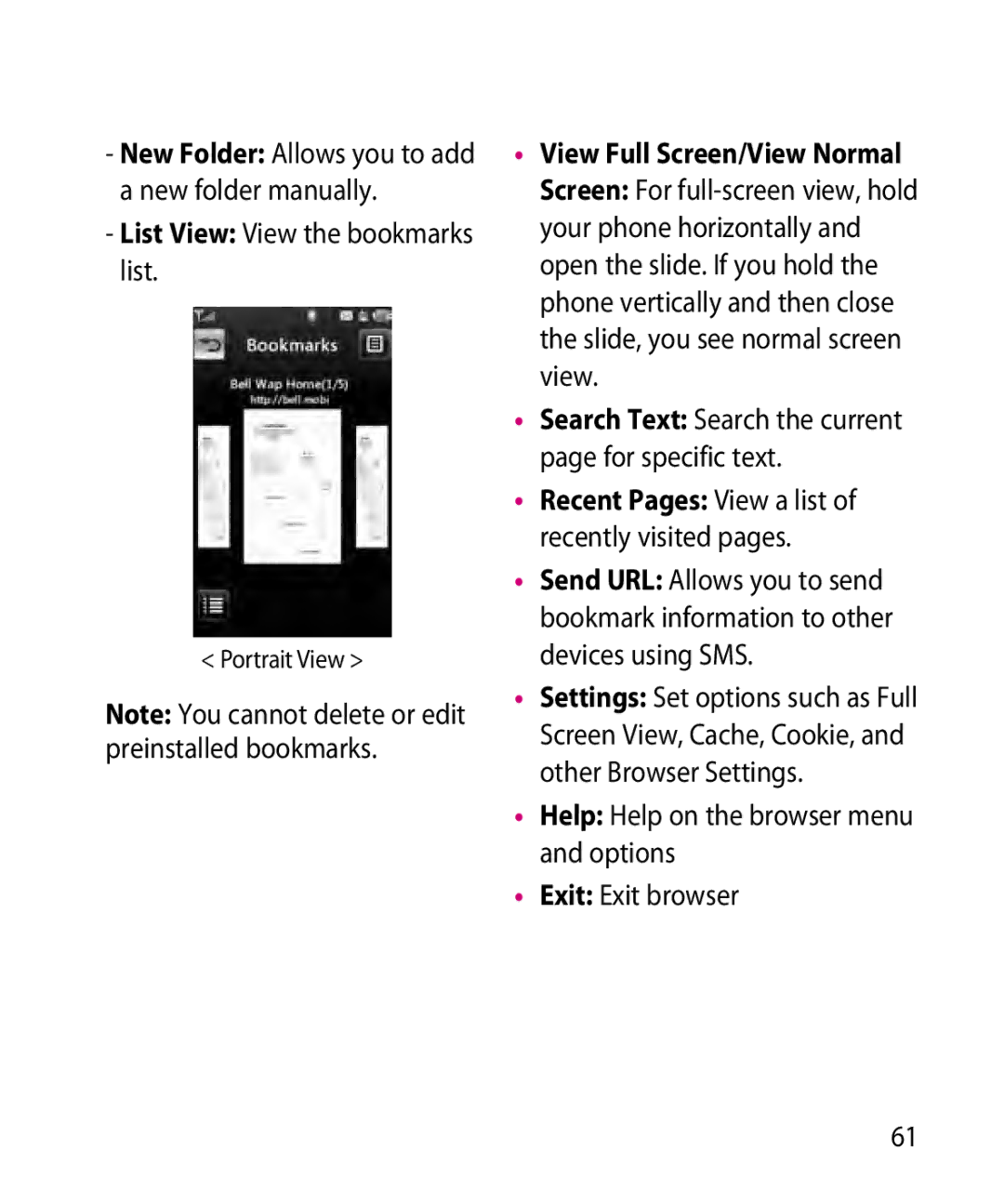 LG Electronics GR501 New Folder Allows you to add a new folder manually, List View View the bookmarks list 