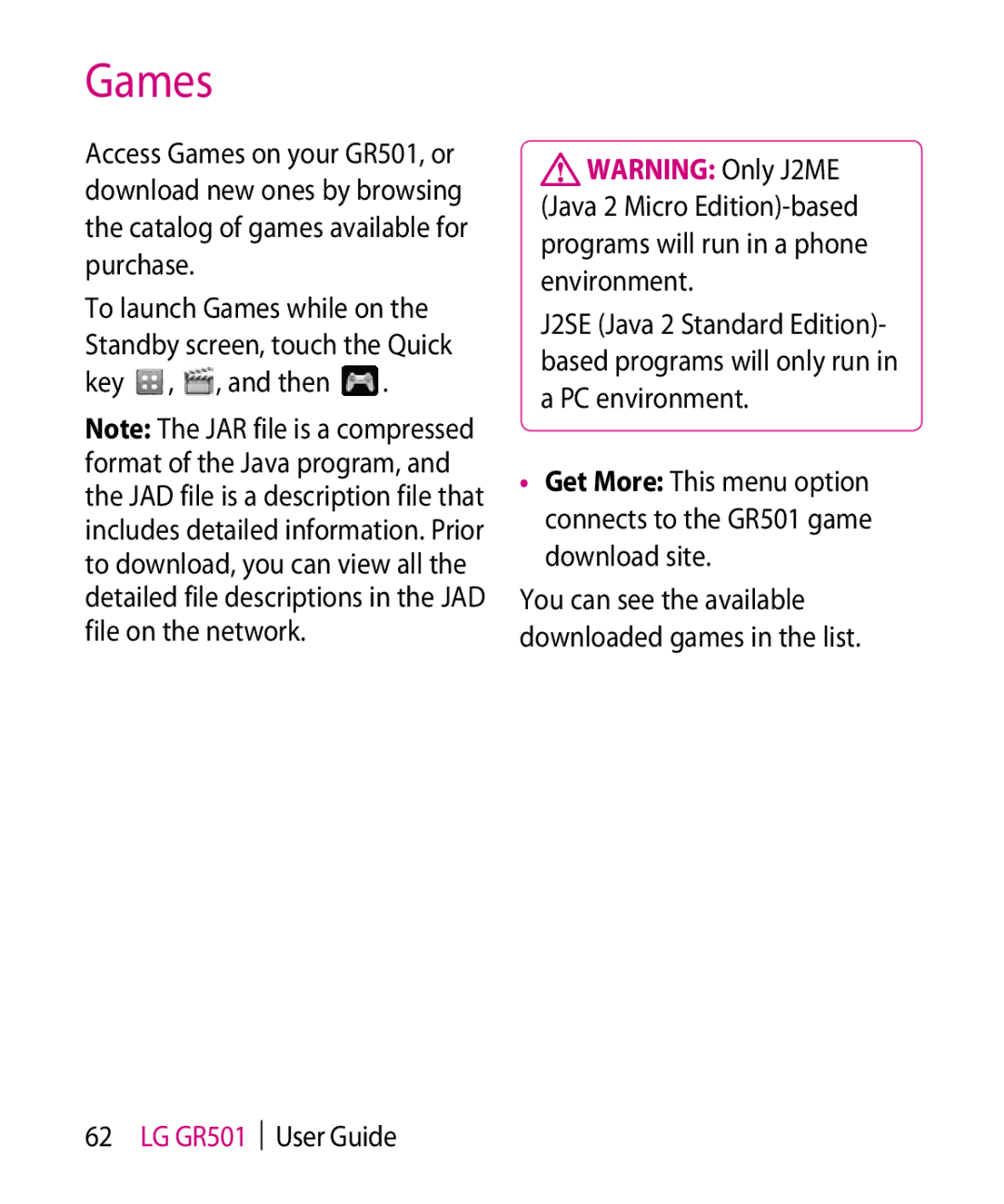 LG Electronics GR501 manual Games 