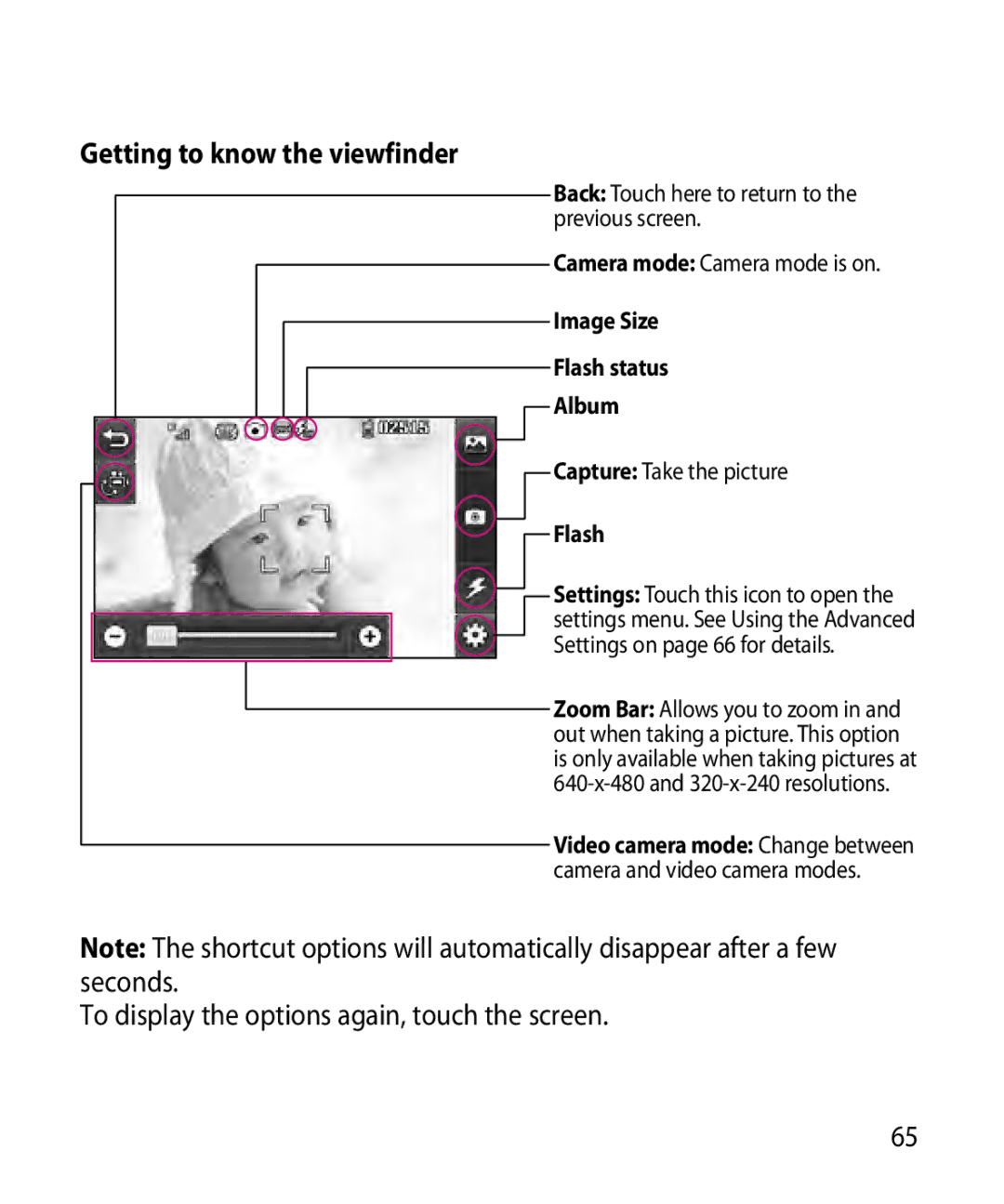 LG Electronics GR501 manual Getting to know the viewfinder, To display the options again, touch the screen 