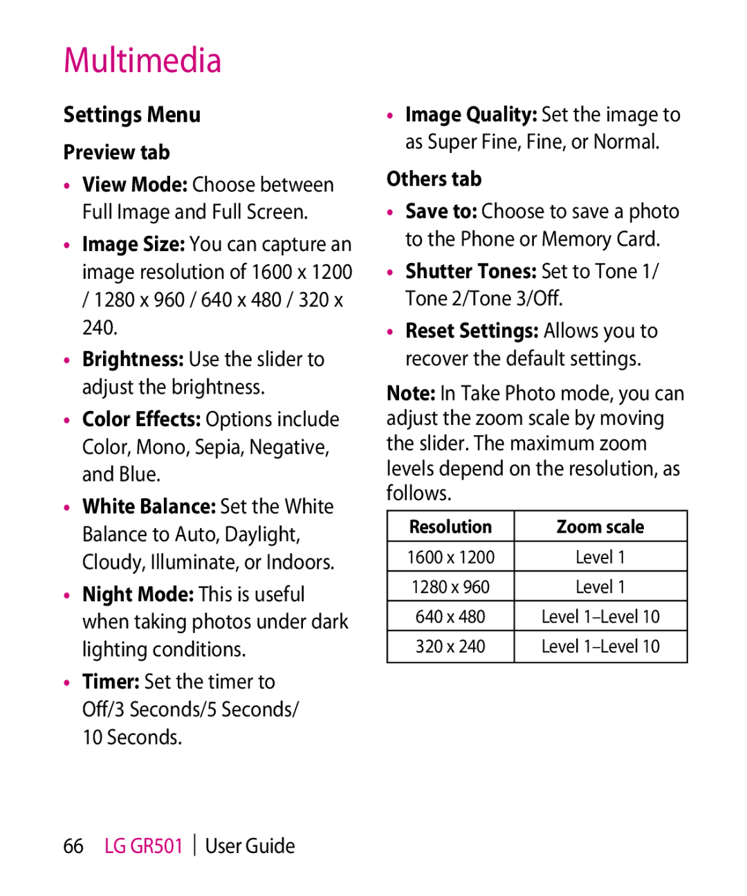 LG Electronics GR501 manual Settings Menu, Preview tab, Others tab, Shutter Tones Set to Tone 1/ Tone 2/Tone 3/Off 