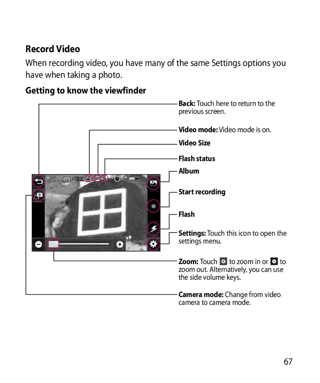 LG Electronics GR501 manual Record Video, Video Size Flash status Album Start recording 