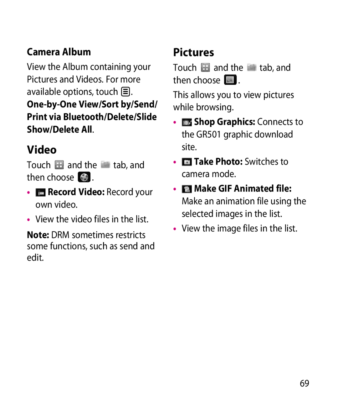 LG Electronics GR501 manual Pictures, Camera Album, Record Video Record your own video 