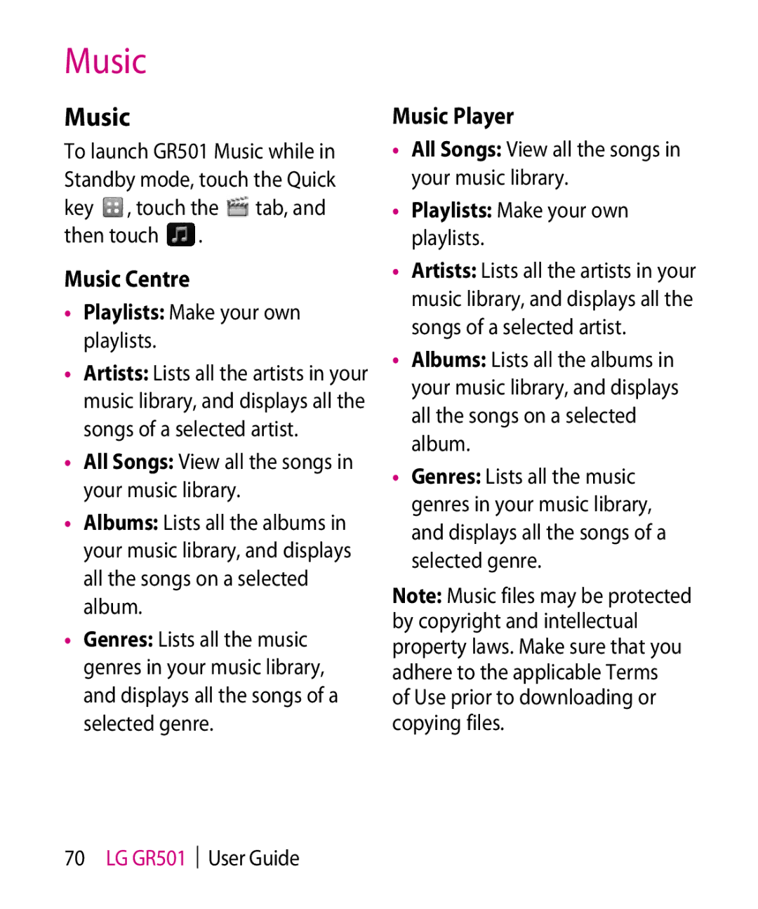 LG Electronics GR501 manual Music Centre, Music Player, Playlists Make your own playlists 