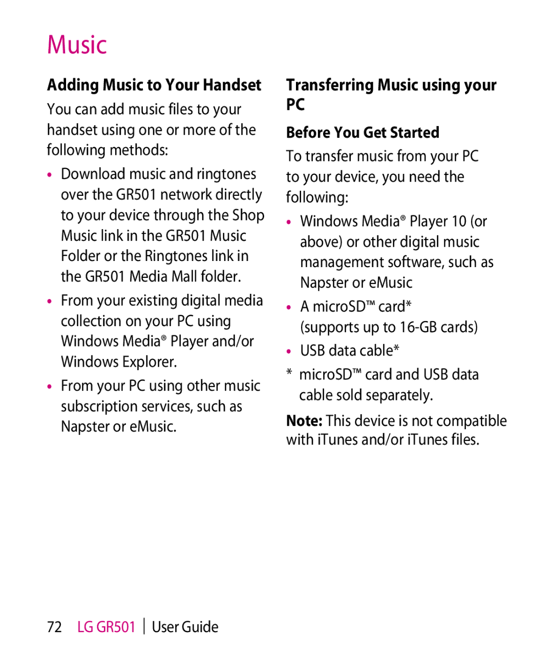 LG Electronics GR501 manual Transferring Music using your, Before You Get Started, USB data cable 