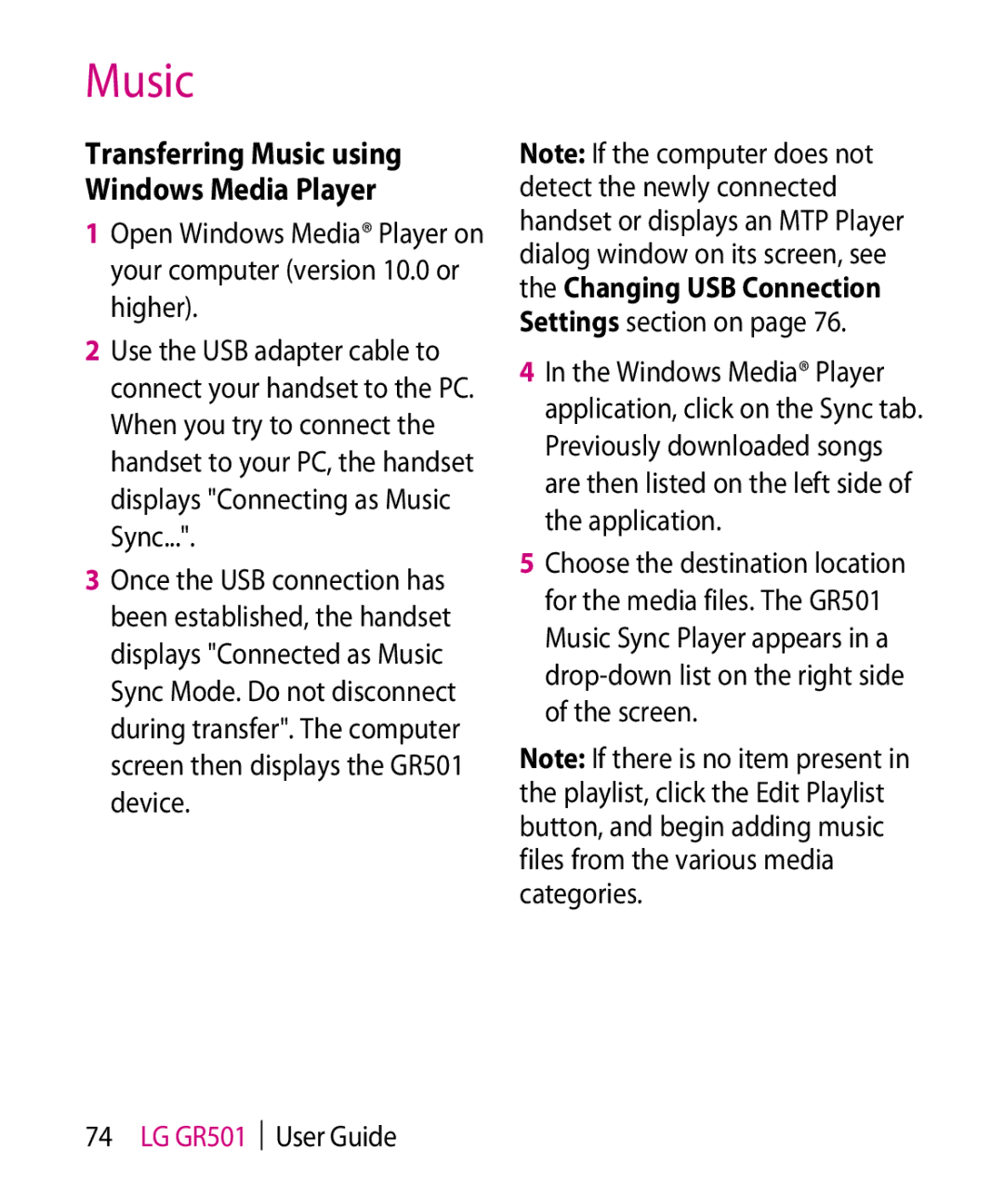 LG Electronics GR501 manual Transferring Music using Windows Media Player 