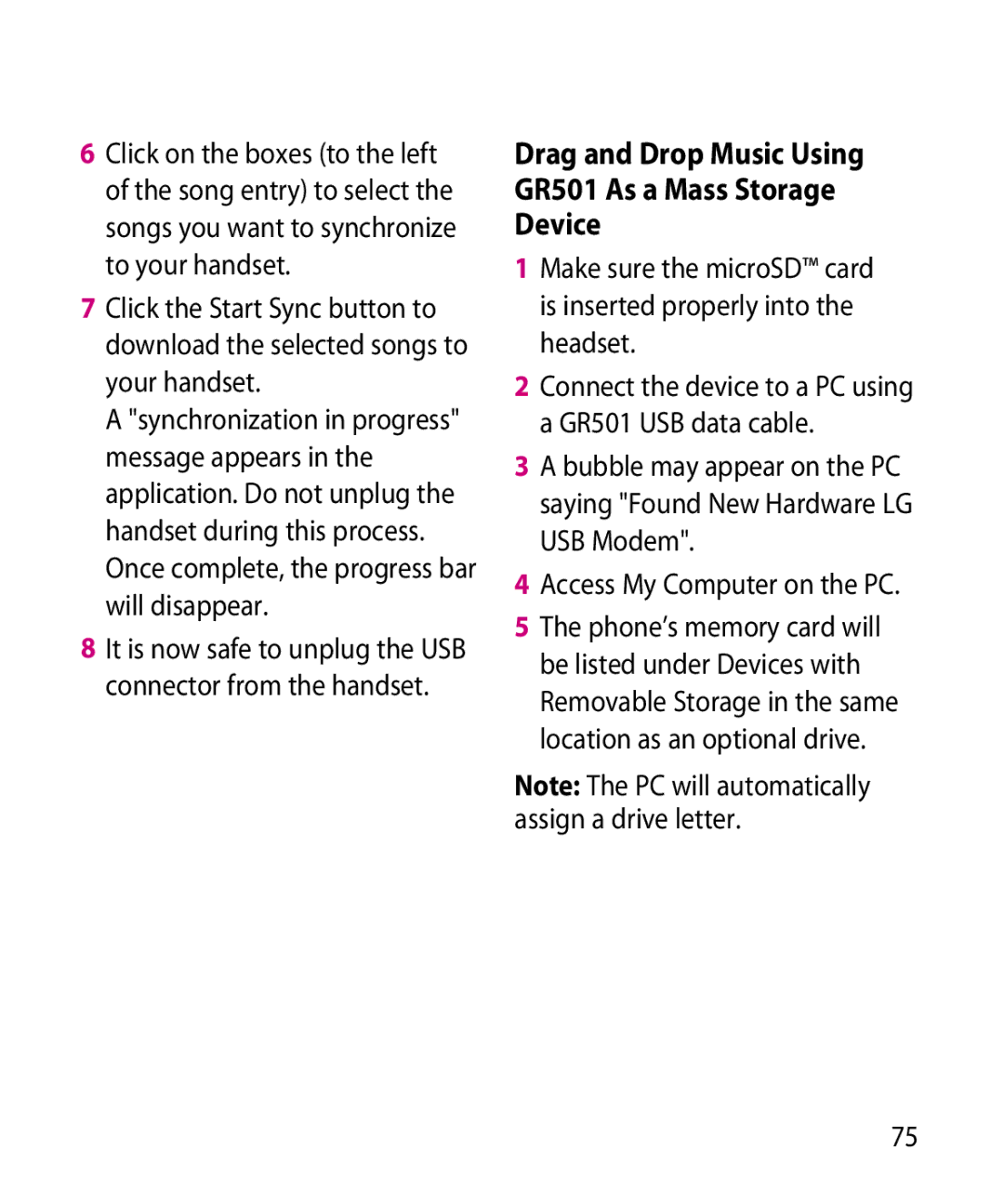 LG Electronics manual Drag and Drop Music Using GR501 As a Mass Storage Device 