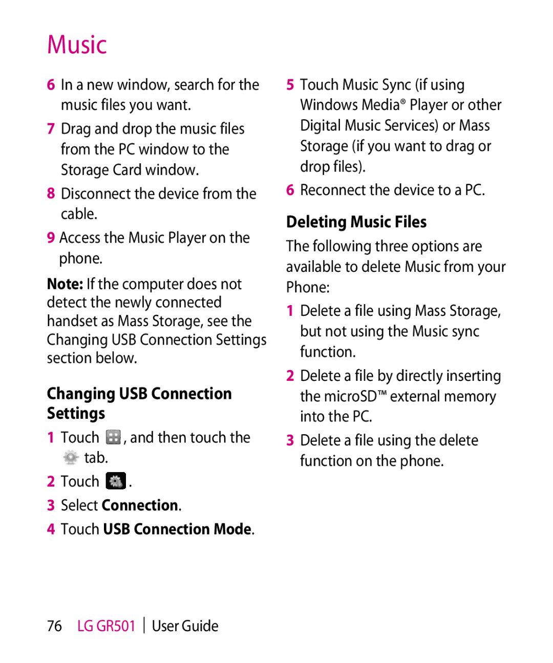 LG Electronics GR501 Changing USB Connection Settings, Deleting Music Files, Touch , and then touch Tab, Select Connection 