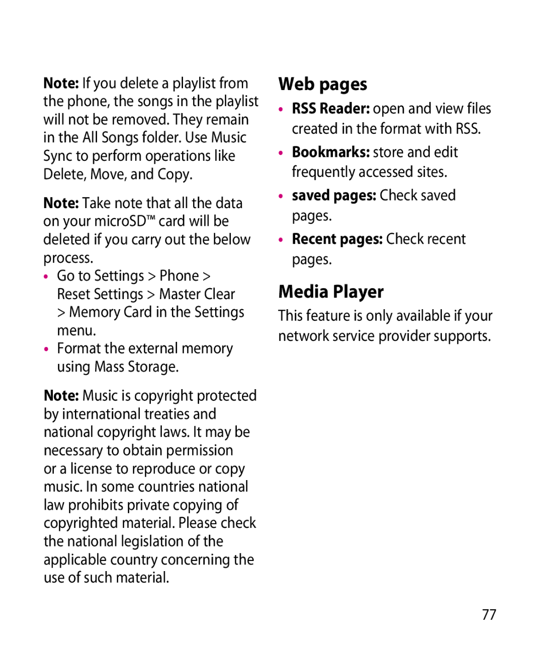 LG Electronics GR501 manual Web pages, Media Player 