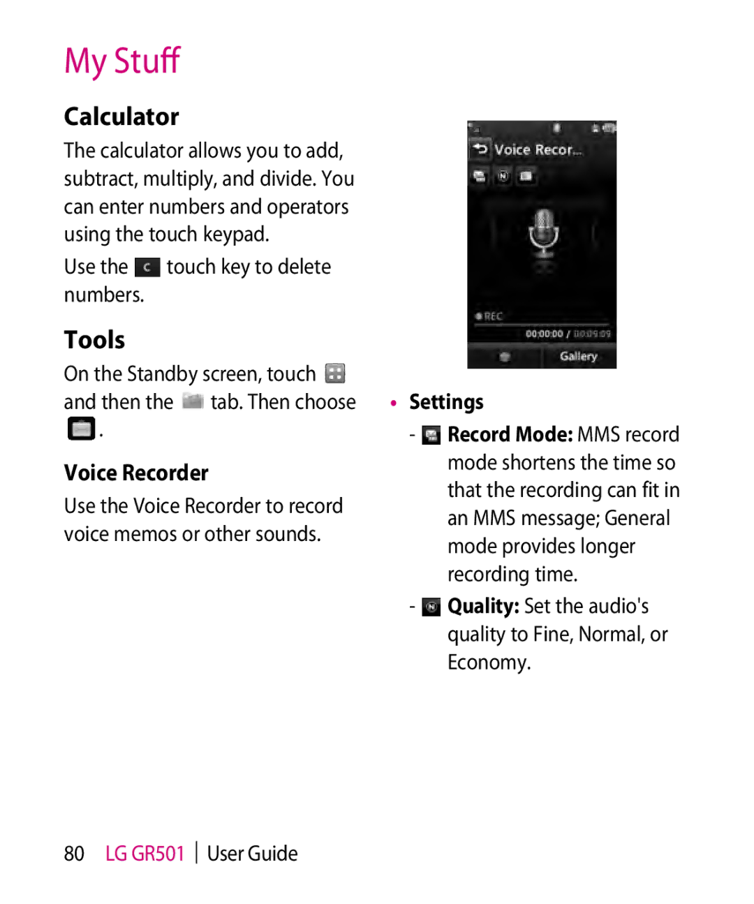 LG Electronics GR501 manual Calculator, Tools, Voice Recorder, Quality Set the audios quality to Fine, Normal, or Economy 