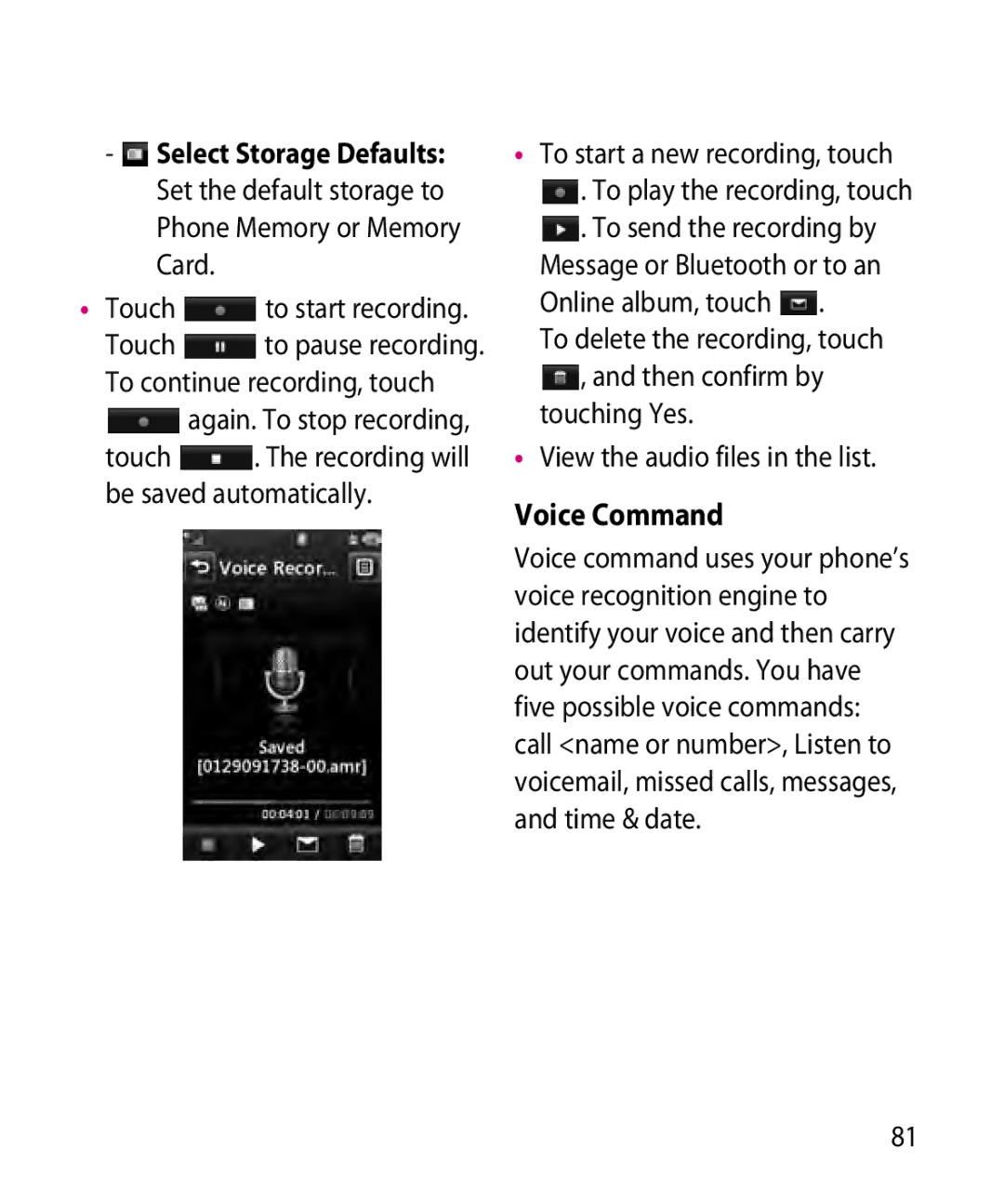 LG Electronics GR501 manual Voice Command, Touch to start recording 