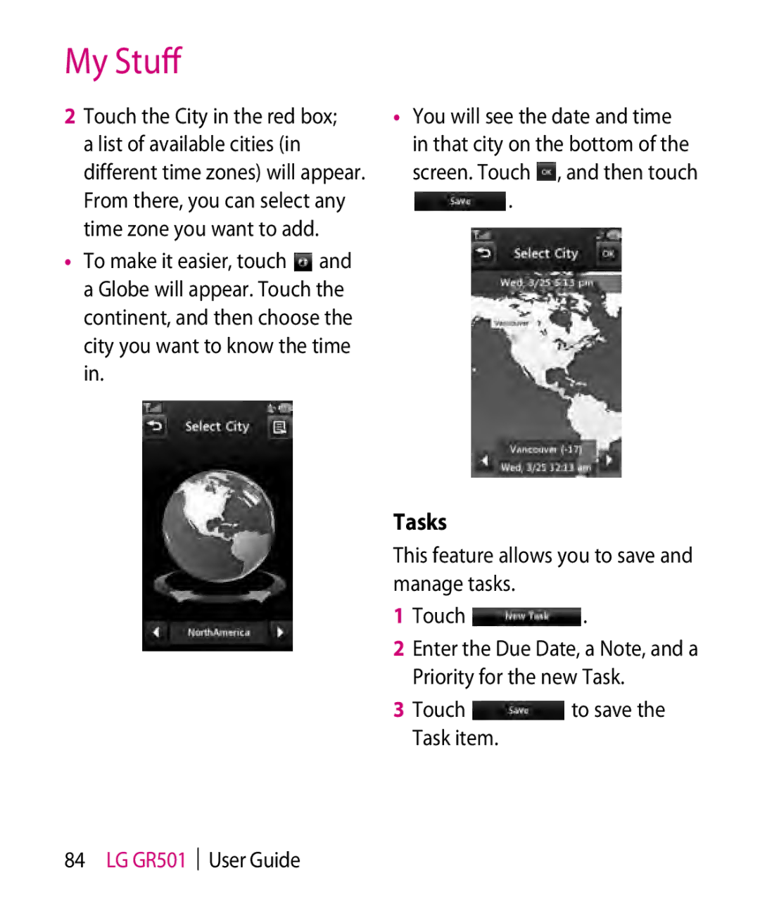 LG Electronics GR501 manual Tasks, This feature allows you to save and manage tasks Touch 