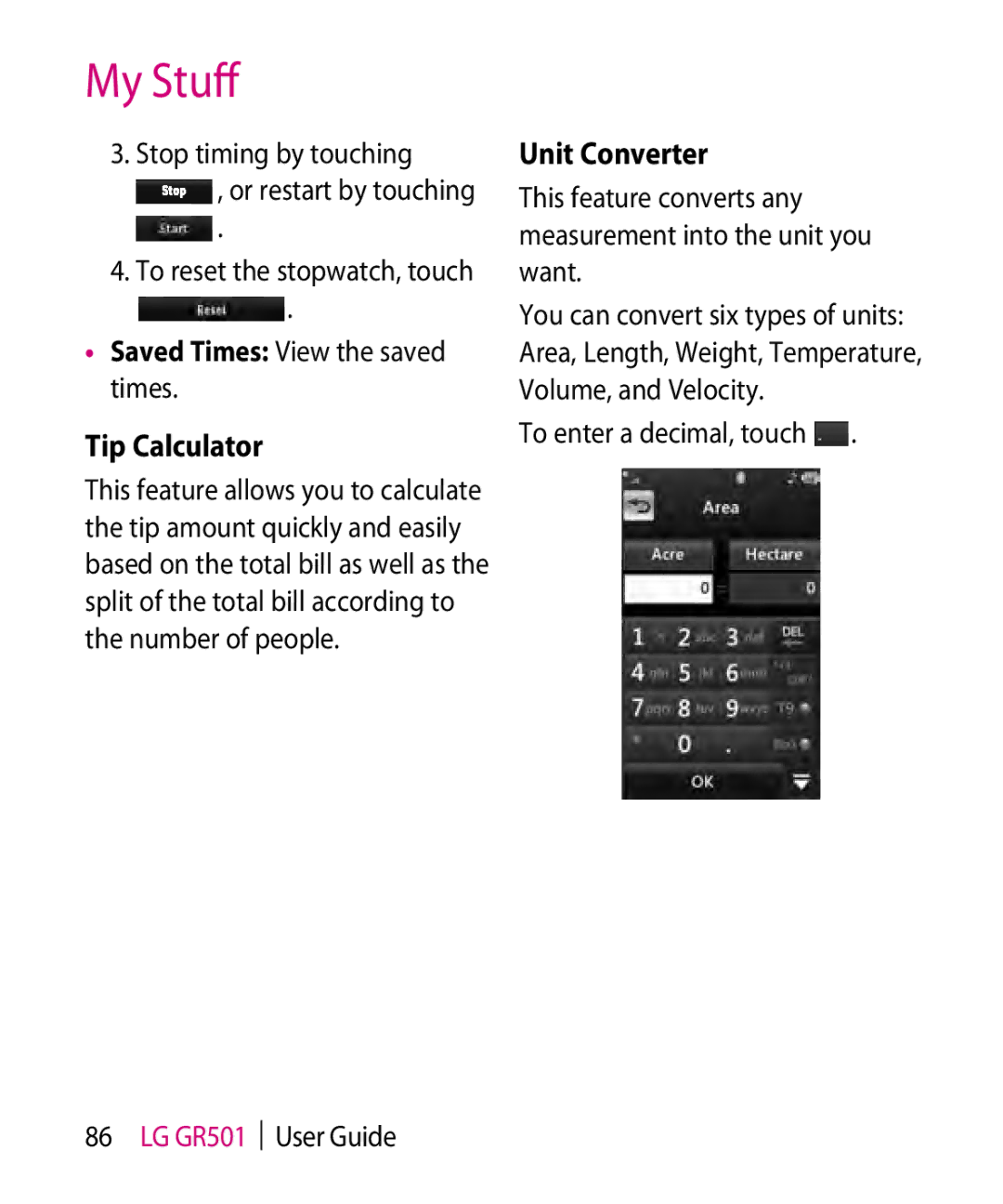 LG Electronics GR501 manual Tip Calculator, Unit Converter, Stop timing by touching Or restart by touching 