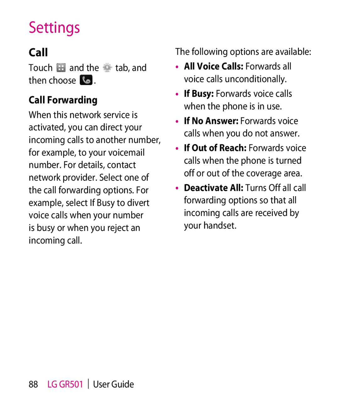 LG Electronics GR501 manual Settings, Call Forwarding 