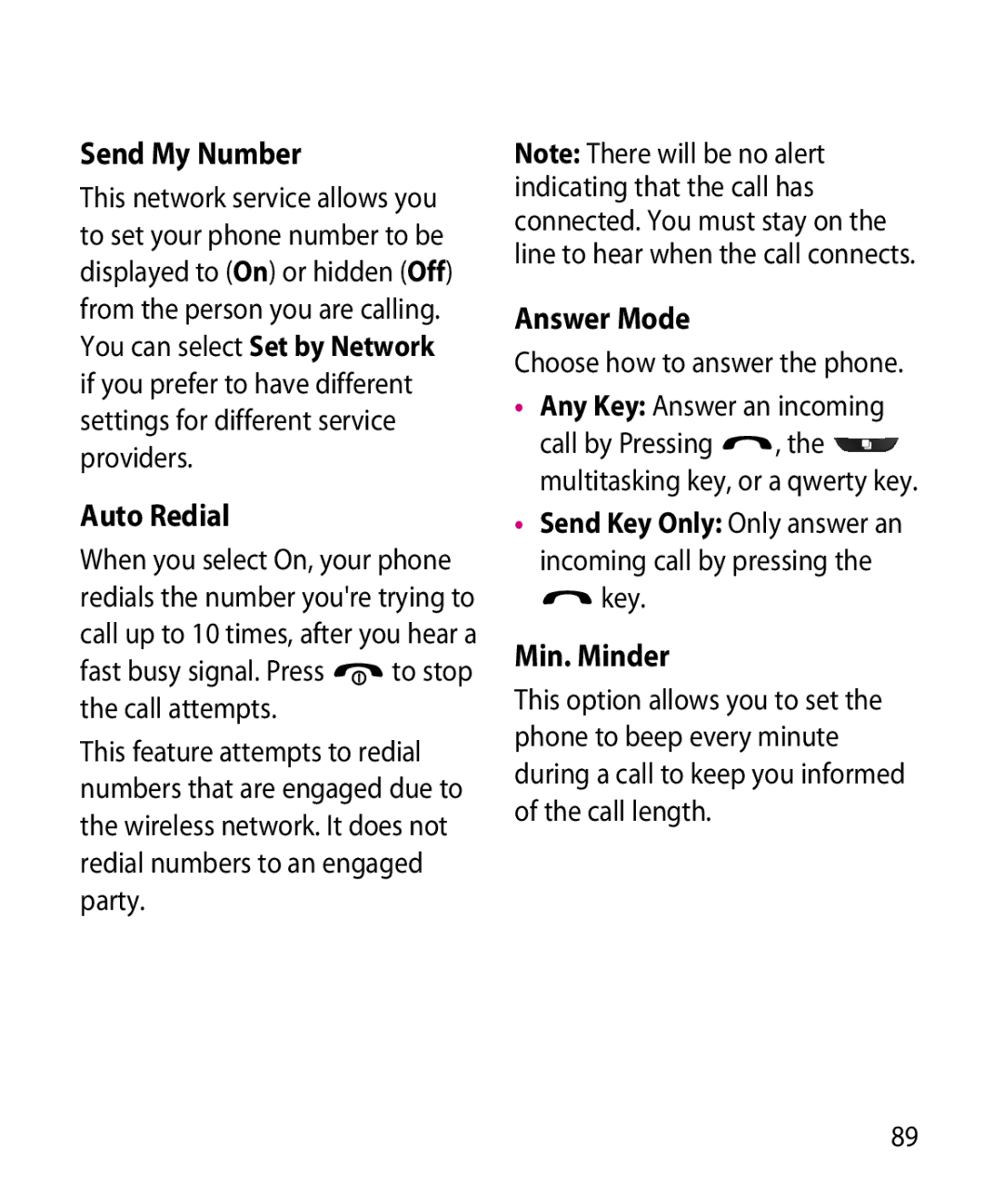 LG Electronics GR501 manual Send My Number, Auto Redial, Answer Mode, Min. Minder 