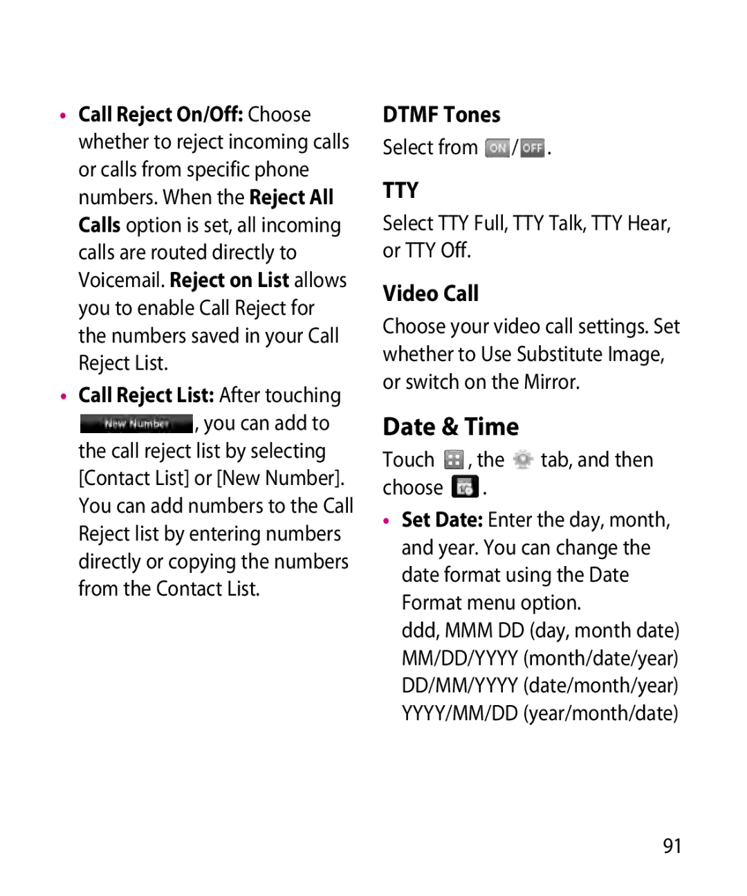 LG Electronics GR501 manual Date & Time, Dtmf Tones, Video Call 