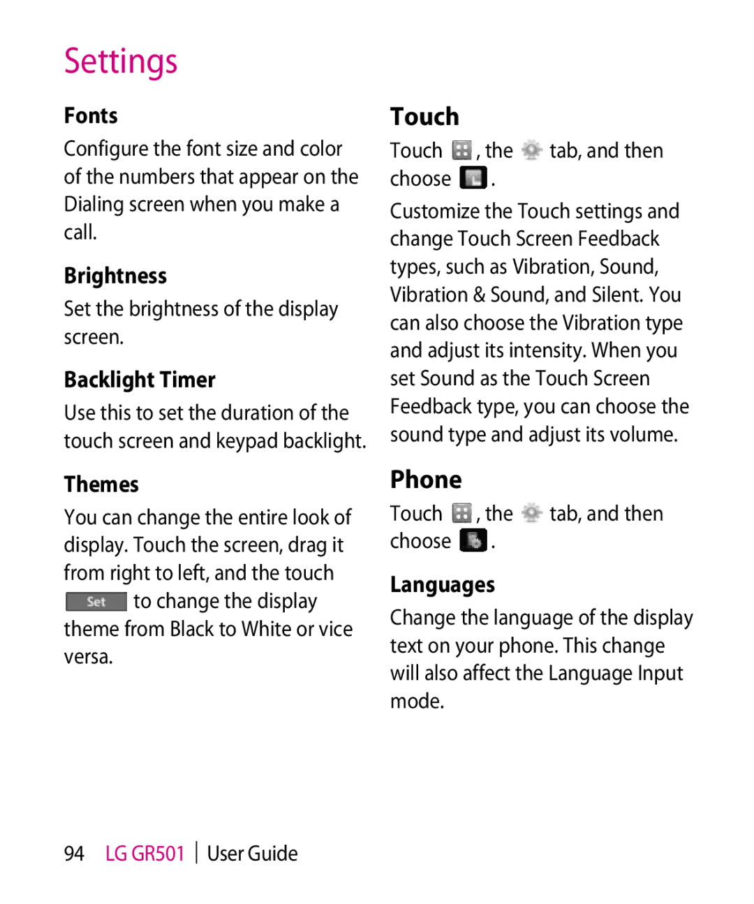 LG Electronics GR501 manual Touch, Phone 