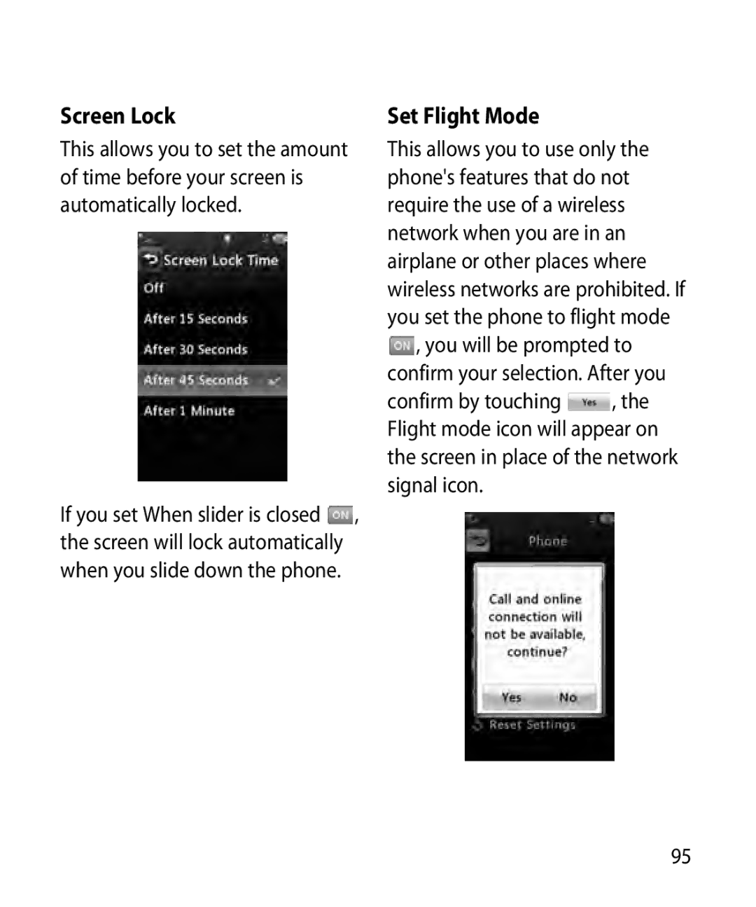 LG Electronics GR501 manual Screen Lock, Set Flight Mode 