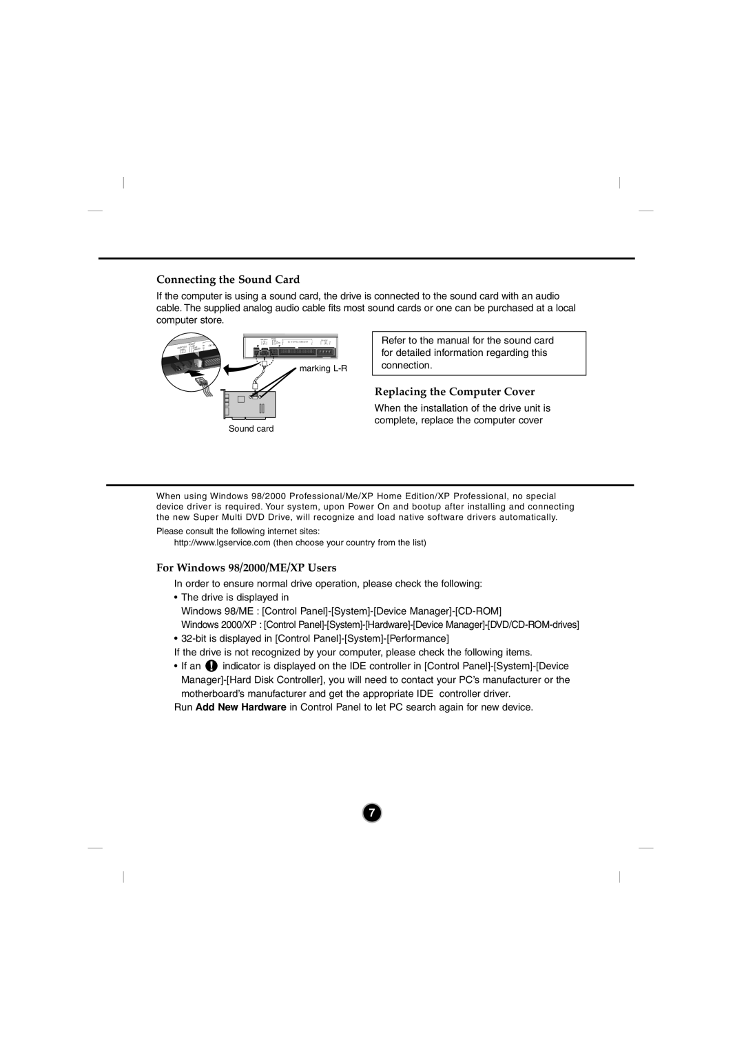 LG Electronics GSA-4082B manual Device Drivers, Connecting the Sound Card, Replacing the Computer Cover 