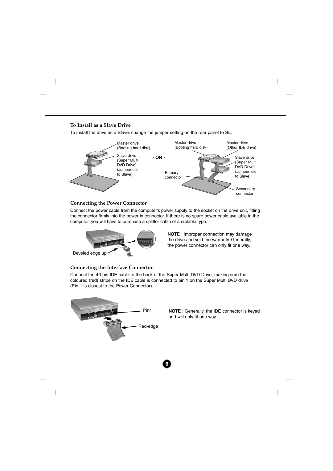 LG Electronics GSA-4082B To Install as a Slave Drive, Connecting the Power Connector, Connecting the Interface Connector 