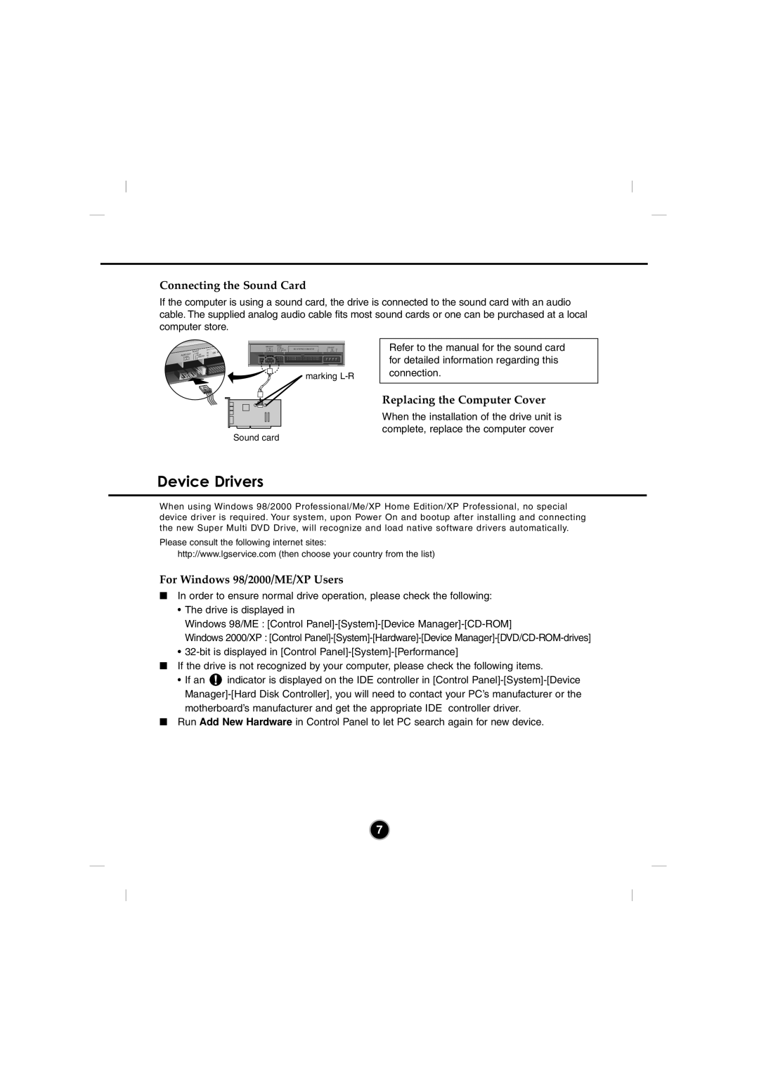 LG Electronics GSA-4082B manual Device Drivers, Connecting the Sound Card, Replacing the Computer Cover 