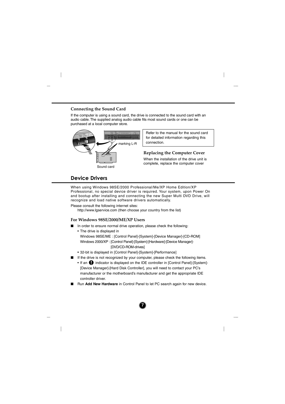 LG Electronics GSA-4120B manual Device Drivers, Connecting the Sound Card, Replacing the Computer Cover 