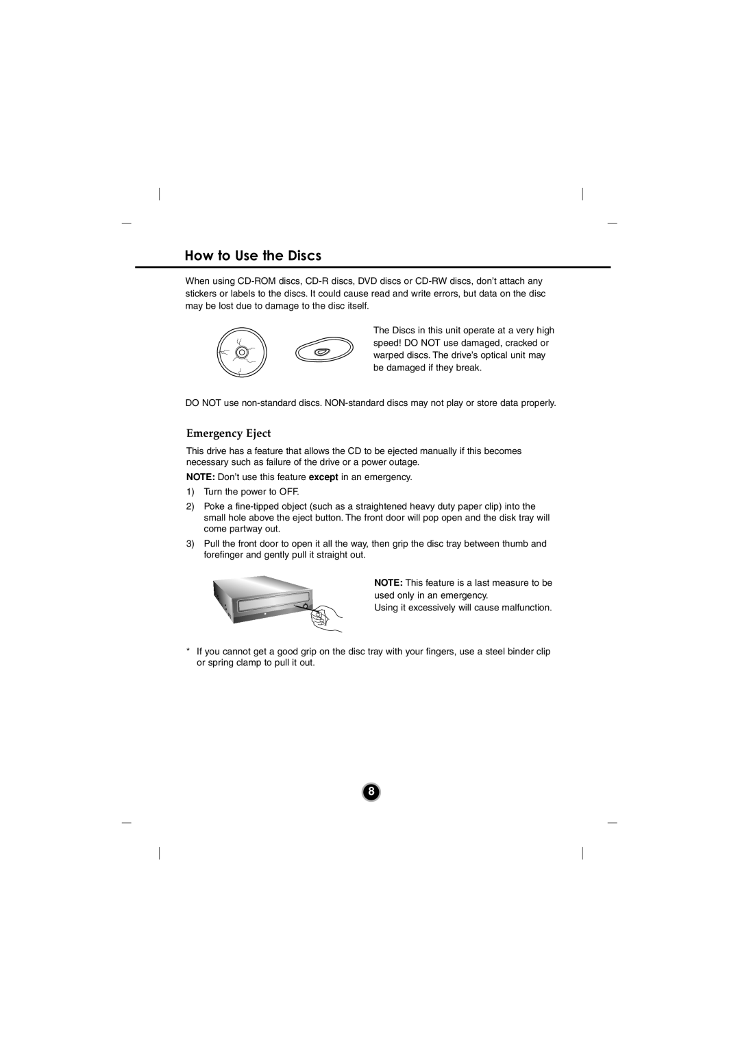 LG Electronics GSA-4120B manual How to Use the Discs, Emergency Eject 