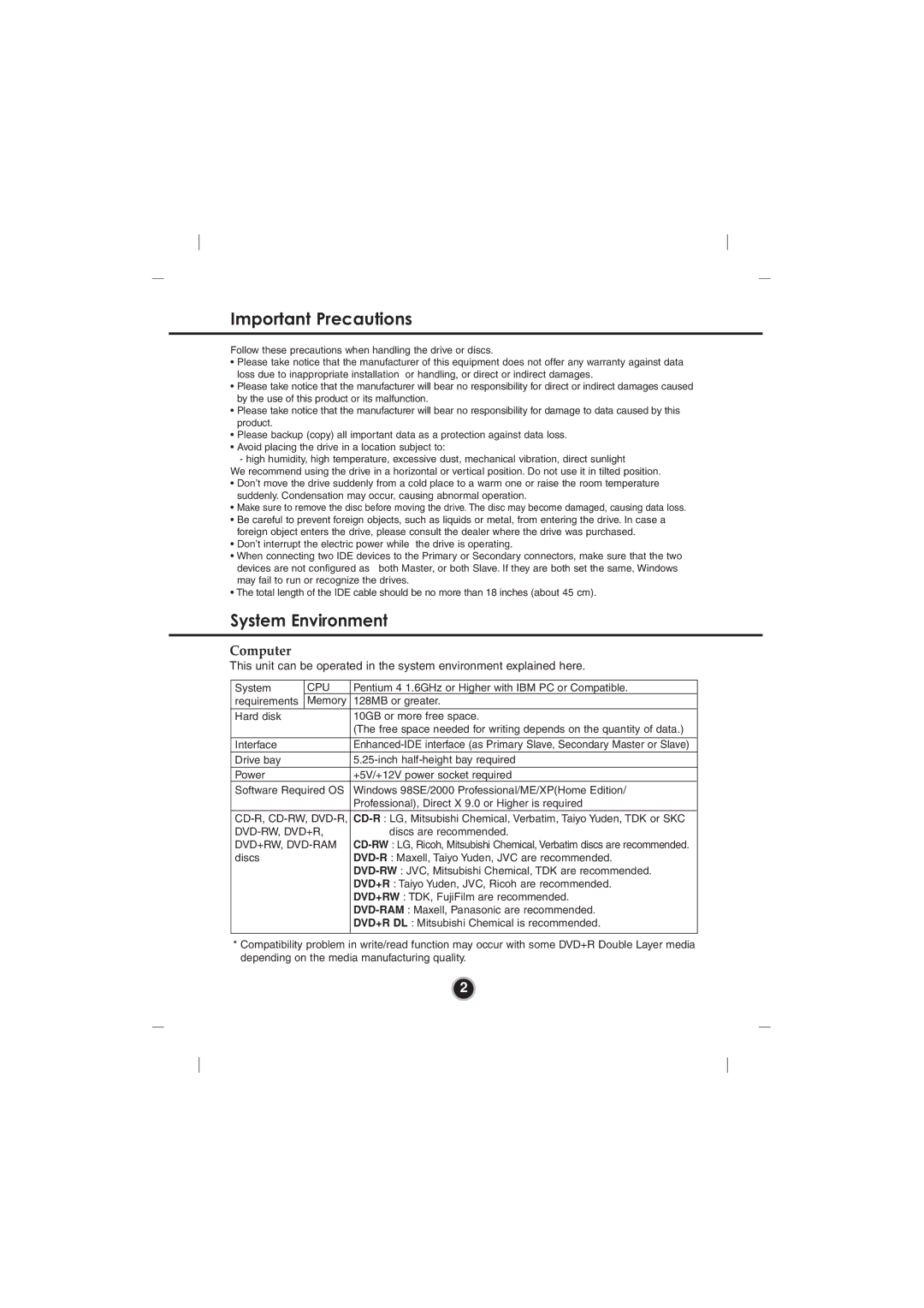 LG Electronics GSA-4120B manual Important Precautions, System Environment, Computer 