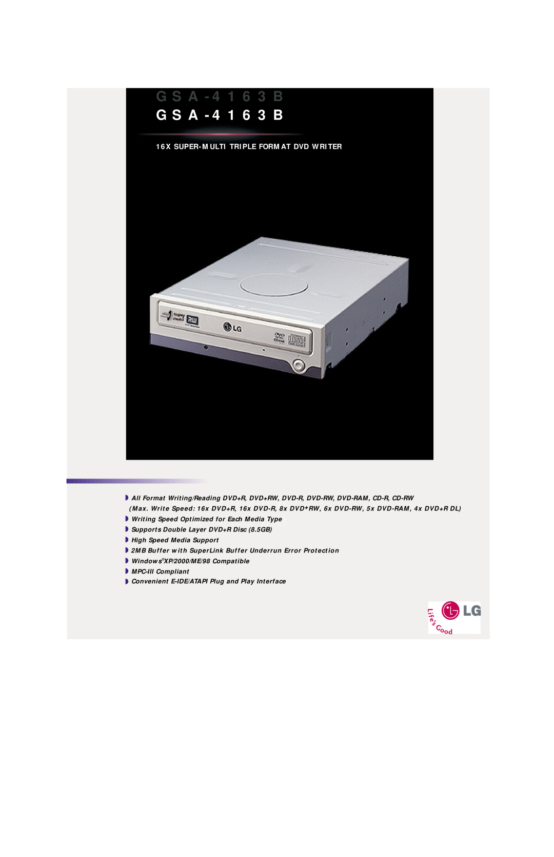 LG Electronics GSA-4163B manual GMA-4020B +, 16X SUPER-MULTI TRIPLE FORMAT DVD WRITER 