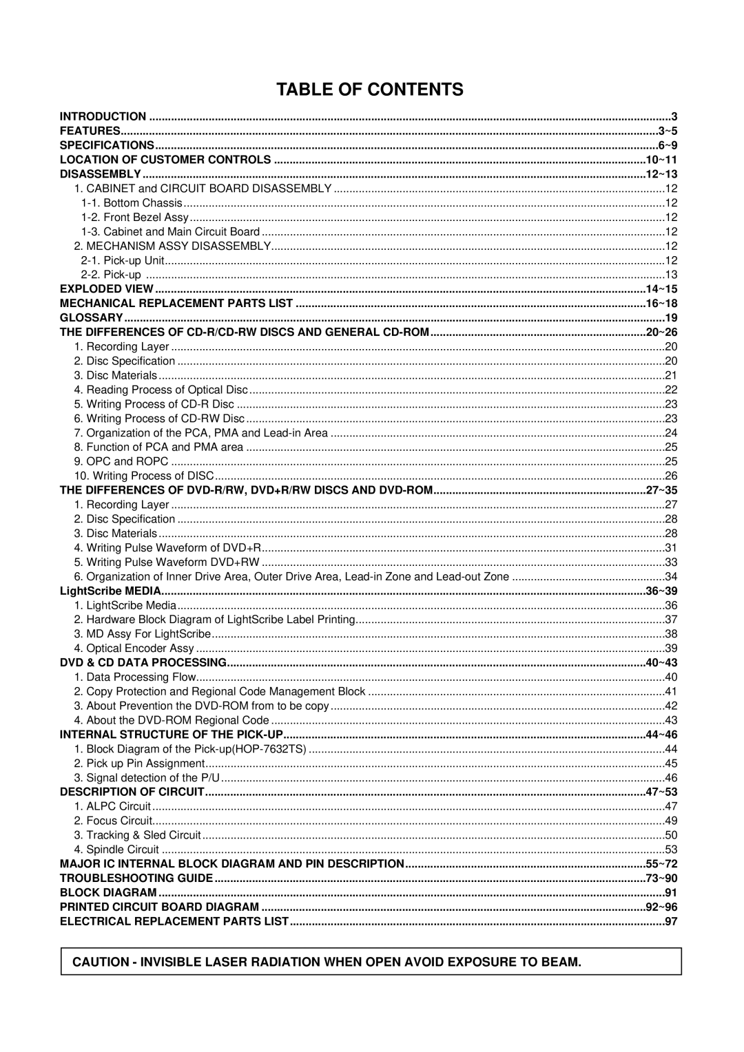 LG Electronics GSA-4167B, GSA-4168B, GSA-4165B service manual Table of Contents 