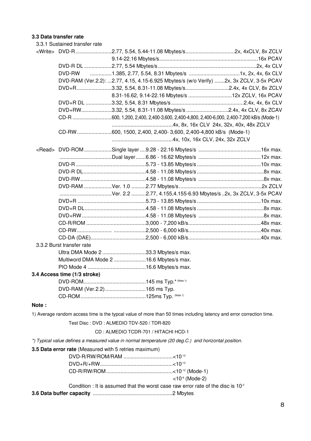 LG Electronics GSA-4167B, GSA-4168B, GSA-4165B Data transfer rate, Pcav, Clv, Access time 1/3 stroke, Dvd-R/Rw/Rom/Ram 