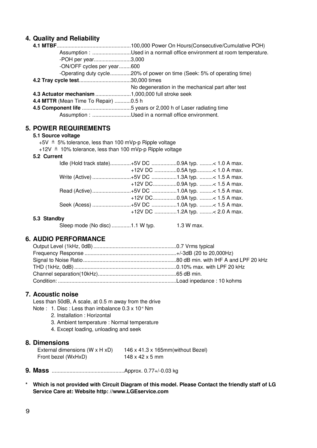 LG Electronics GSA-4168B, GSA-4165B, GSA-4167B service manual Quality and Reliability, Acoustic noise, Dimensions 