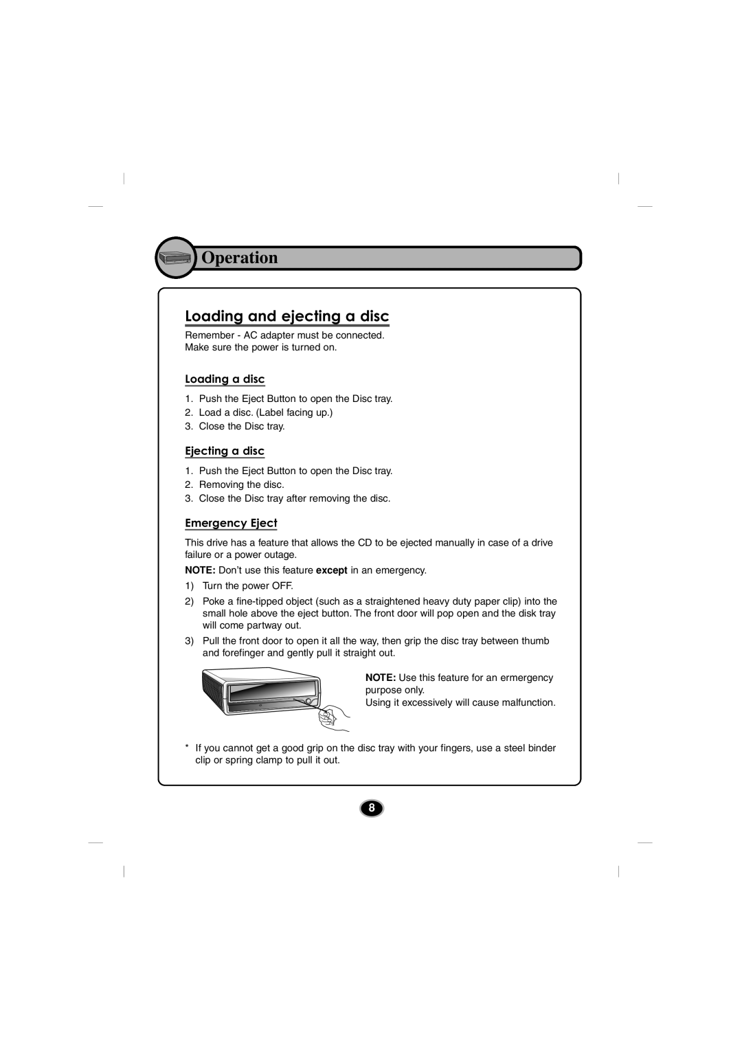 LG Electronics GSA-5120D manual Operation, Loading and ejecting a disc 